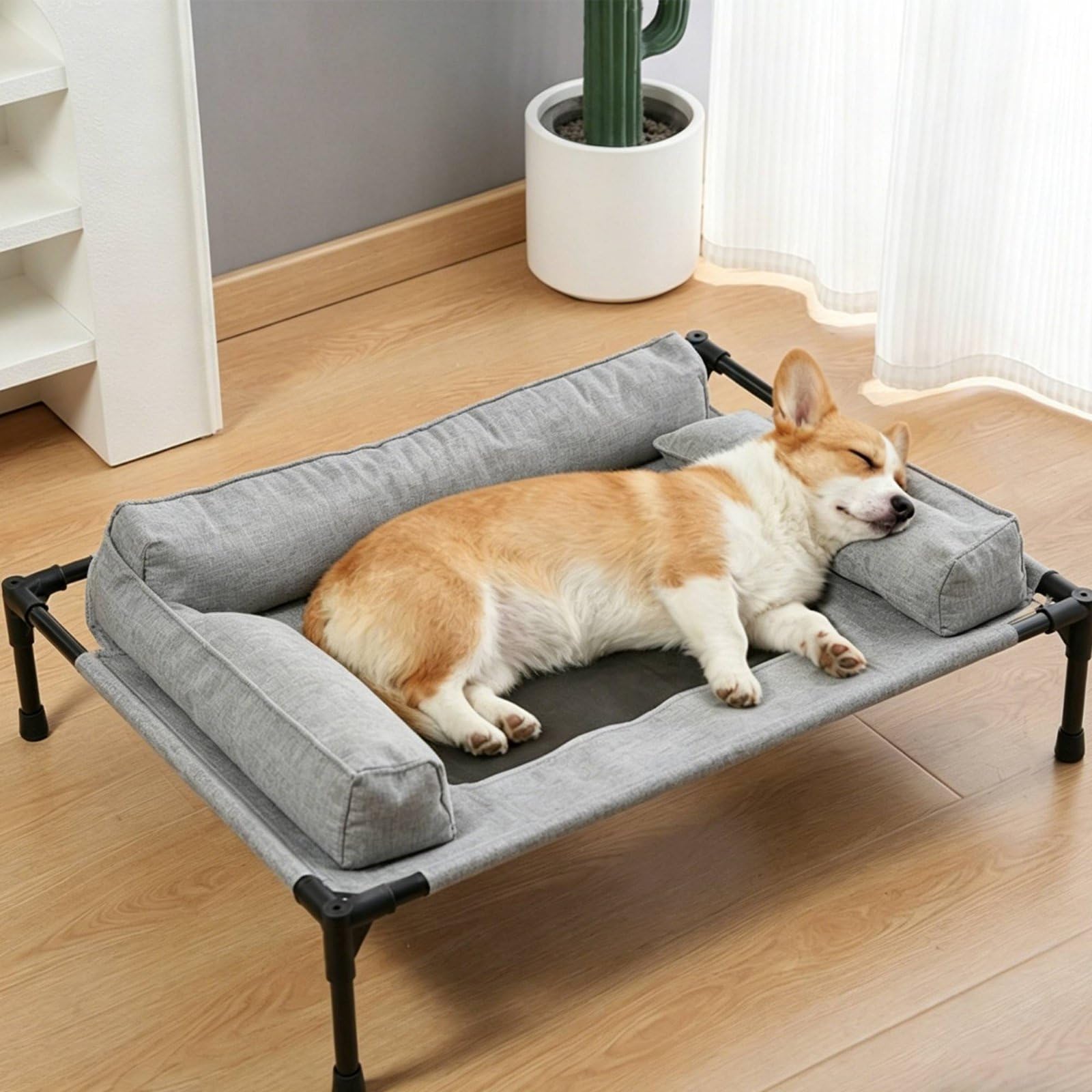 Cama para Mascota Elevada con Marco de Tubo de de Malla Sintética Resistente al Desgaste Lavable y Desmontable Soporte Lateral para Comodidad Adecuada, Gray, L