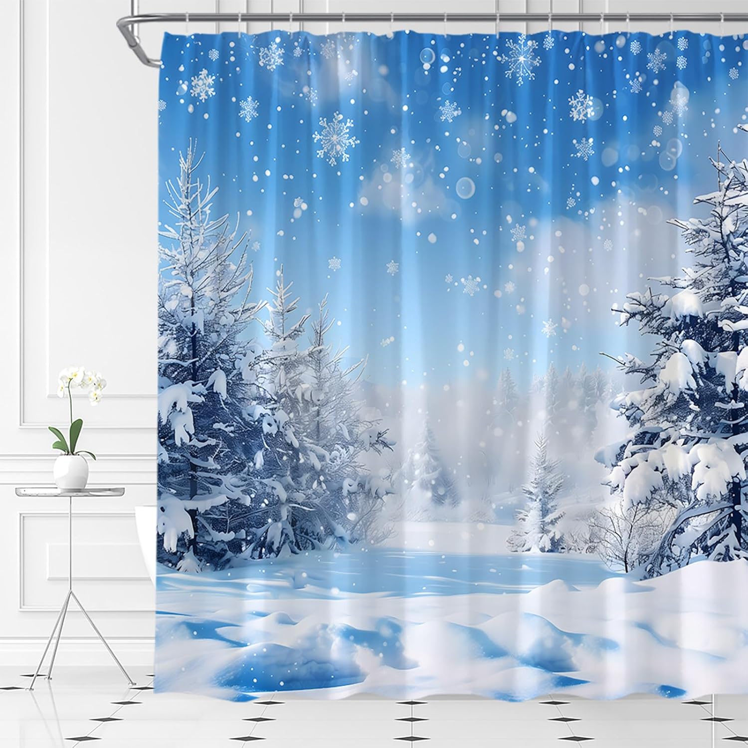 AMFD Winter Forest Shower Curtain Christmas Pine Tree Snowflake Bokeh Snow Scene Nature Bathroom Curtains Decor Fabric Set Include Hooks,(70" Wx84 H)