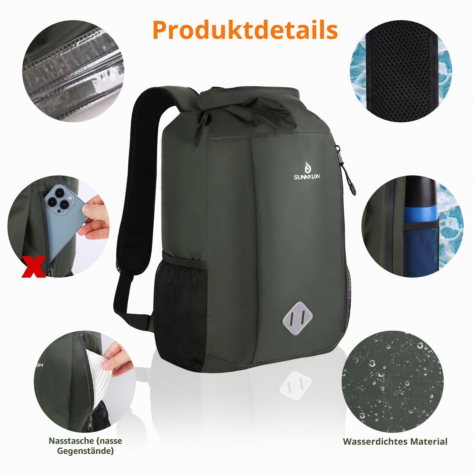 Dry Bag Rucksack,20L IPX8 wasserdichte Rucksack Rolltop mit Handyhülle,Wasserfester Tasche Schwimmen Wassersack,Seesack Rucksack für Kajak, Strand, Rafting, Bootfahren, Wandern, Camping