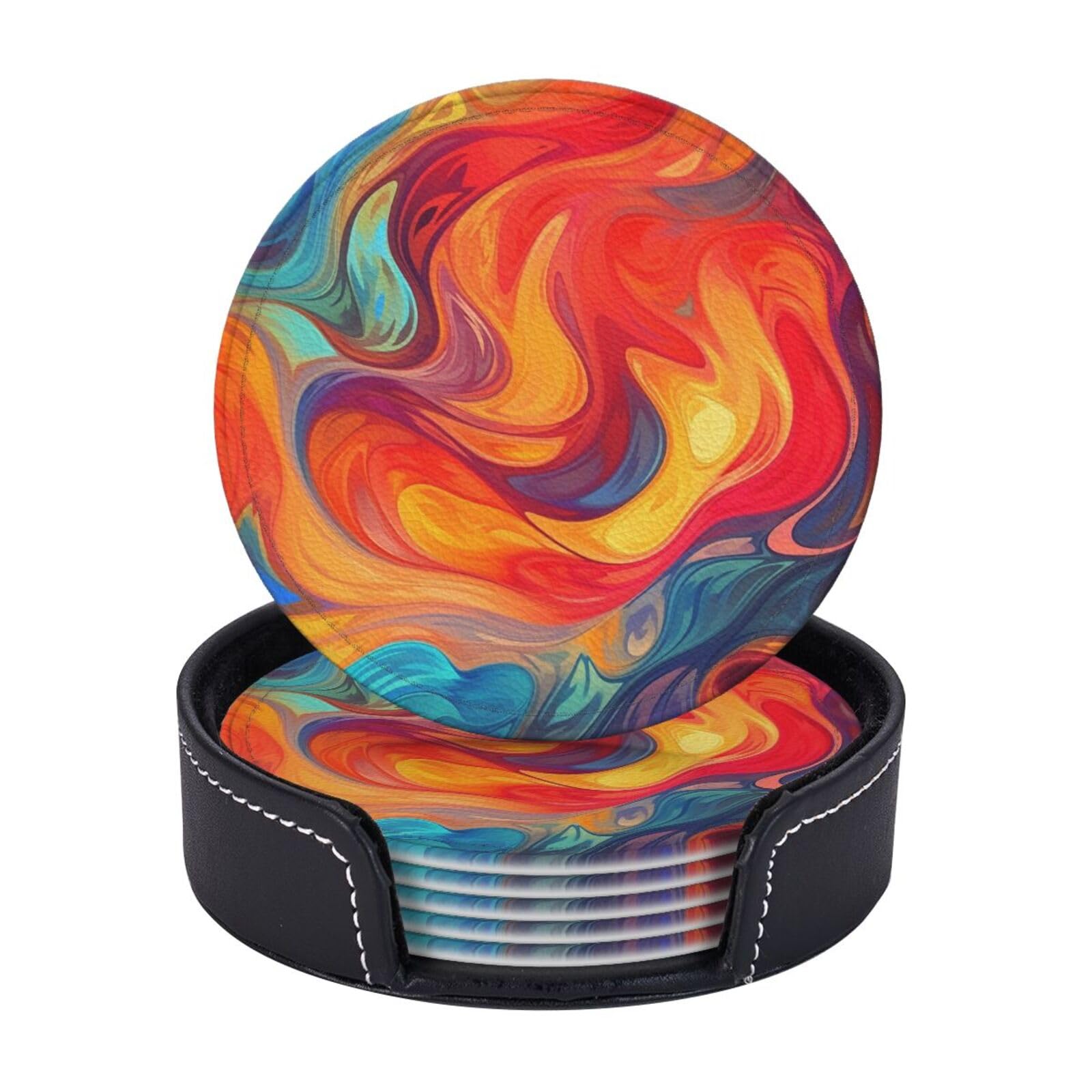 6Pcs PU Leather Coaster for Drinks, Artistic Effect Colorful Cup Coasters with Holder, Aesthetic Drink Coasters for Coffee Table, Round Coaster for Tabletop Protection 4" Cup Mat Pad