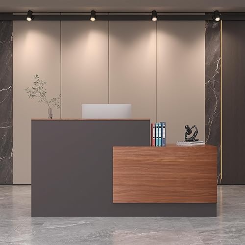 Vista 12 de Escritorio de recepción en forma de L con cajones con cerradura y armario de llenado ajustable, moderno mostrador de recepción con bandeja