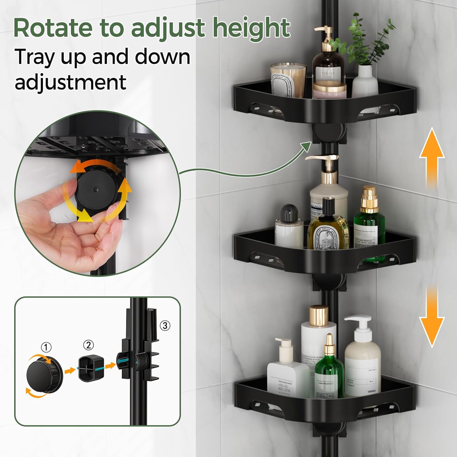 Shower Caddy Tension Pole Organizer, 4-Tier Adjustable Rotating Storage Rack, Rustproof No Drill Bathroom Corner Shelf Organizer for Shower and Bathtub 34" to 124", Black