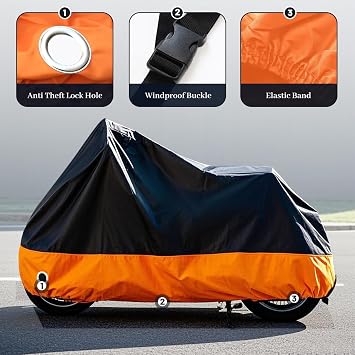 XYZCTEM Motorcycle Cover All Season Black&Orange Waterproof Sun Motorcycle Acessories, Fits up to 108 Harley Davison, Honda, Suzuki, Kawasaki, Yamaha and More