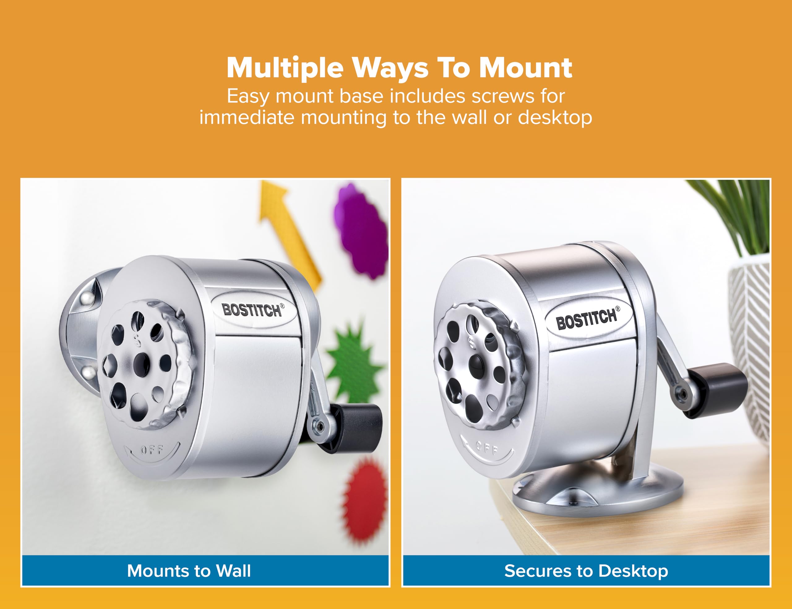 Bostitch Office Wall Mount Manual Pencil Sharpener, Tip Saver, 8 Hole Dial, 6X Longer Cutter Life, Vertical or Horizontal Mounting, Silver - Image 2