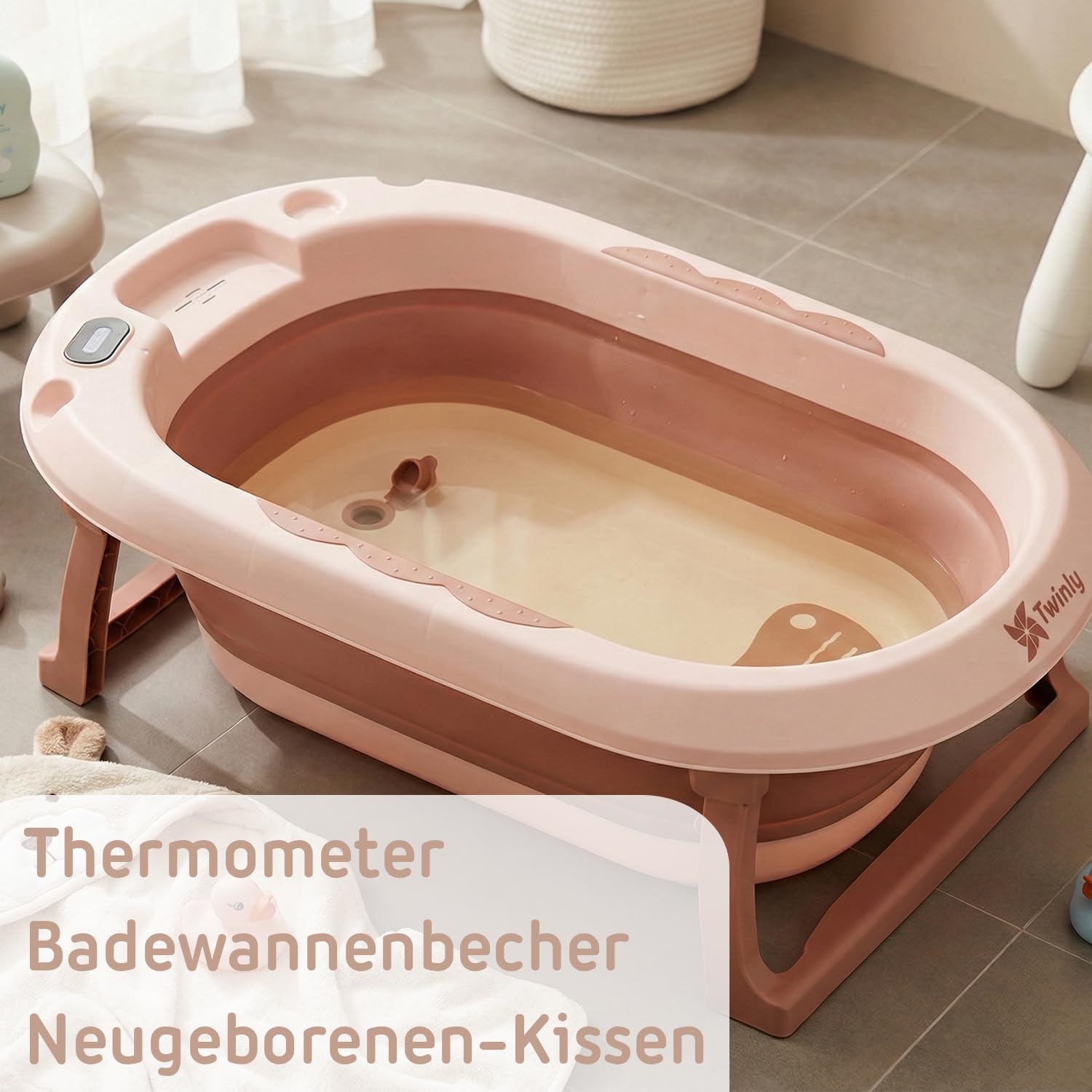 Twinly Bubbly – Faltbare 2-in-1-Baby-Badewanne – Ergonomisch verstellbare Höhe, abnehmbare Badewanne für Strand und Reisen, stabiler Stand mit Ablauf, ideal für kleine Badezimmer (Rosa)