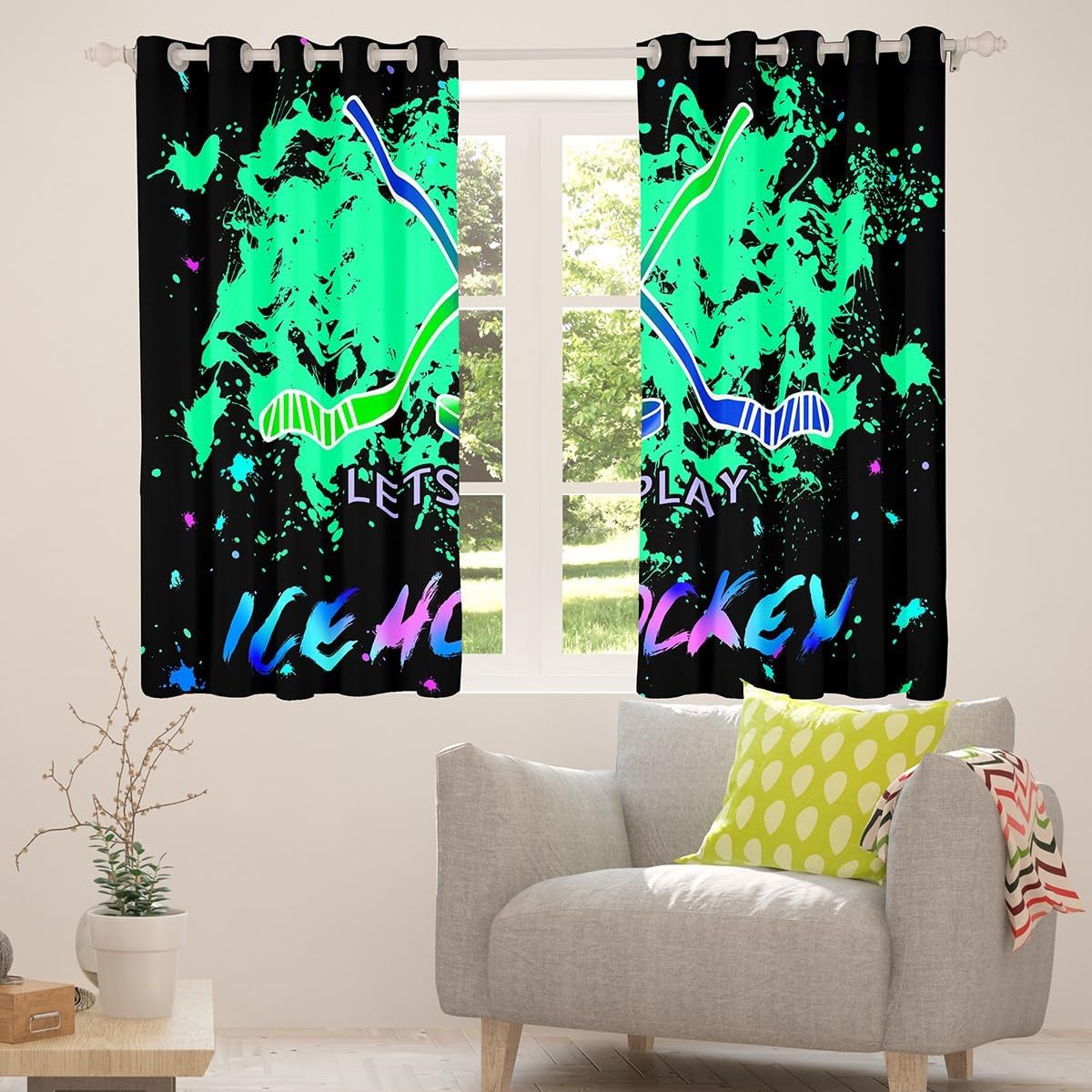 Feelyou Ice Hockey Curtains for Bedroom Living Room (2 Panels, 42 x 90 Inch) Ice Sports Games Blackout Curtains Boys Girls Gaming Sports Darkening Drapes Green Blue Galaxy Window Treatments image 5
