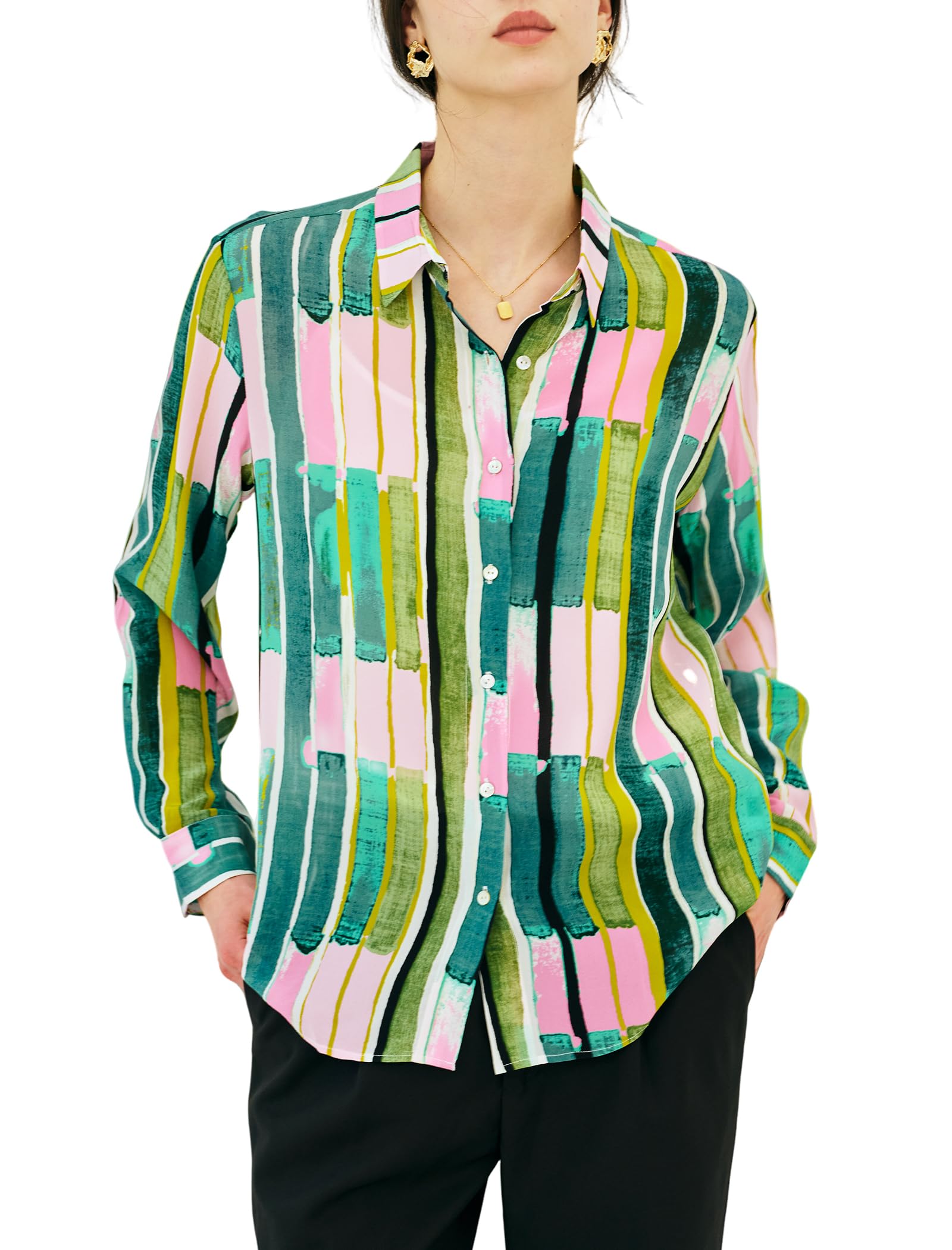 Women's 100% Pure Silk Blouse Long Sleeve Button Down Shirt Spring Summer Elegant Floral Striped Tops Women Smooth Blouses