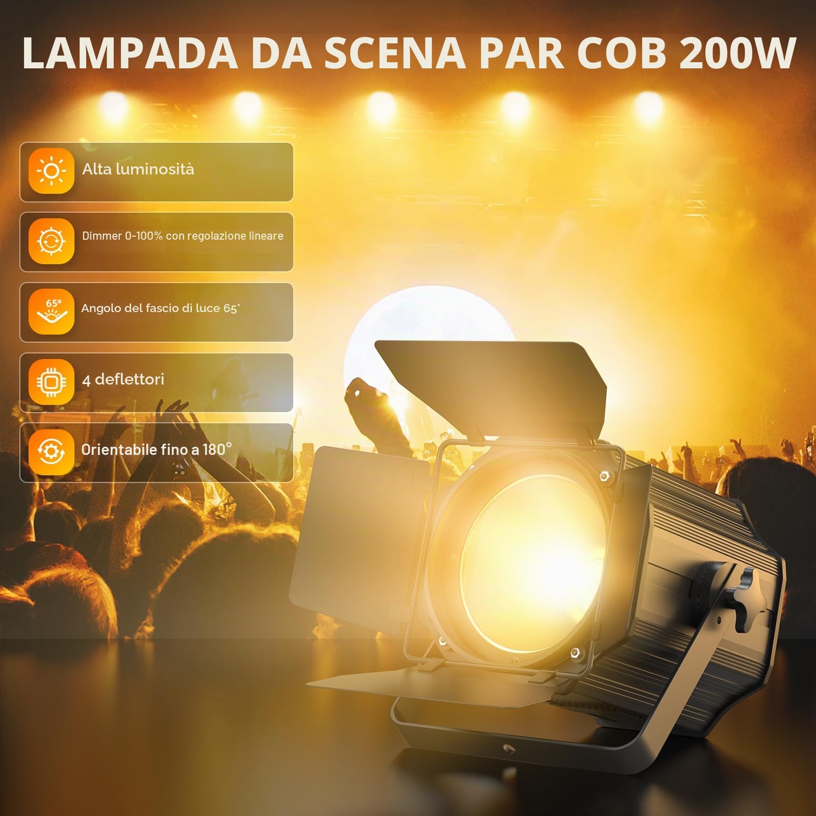 200 W COB Par LED Proiettore da palco con otturatori dimmerabili, 3500 a 7500 K 2 in 1 illuminazione da scena DMX/modalità master-slave luce per feste DJ, chiesa, concerto, matrimonio