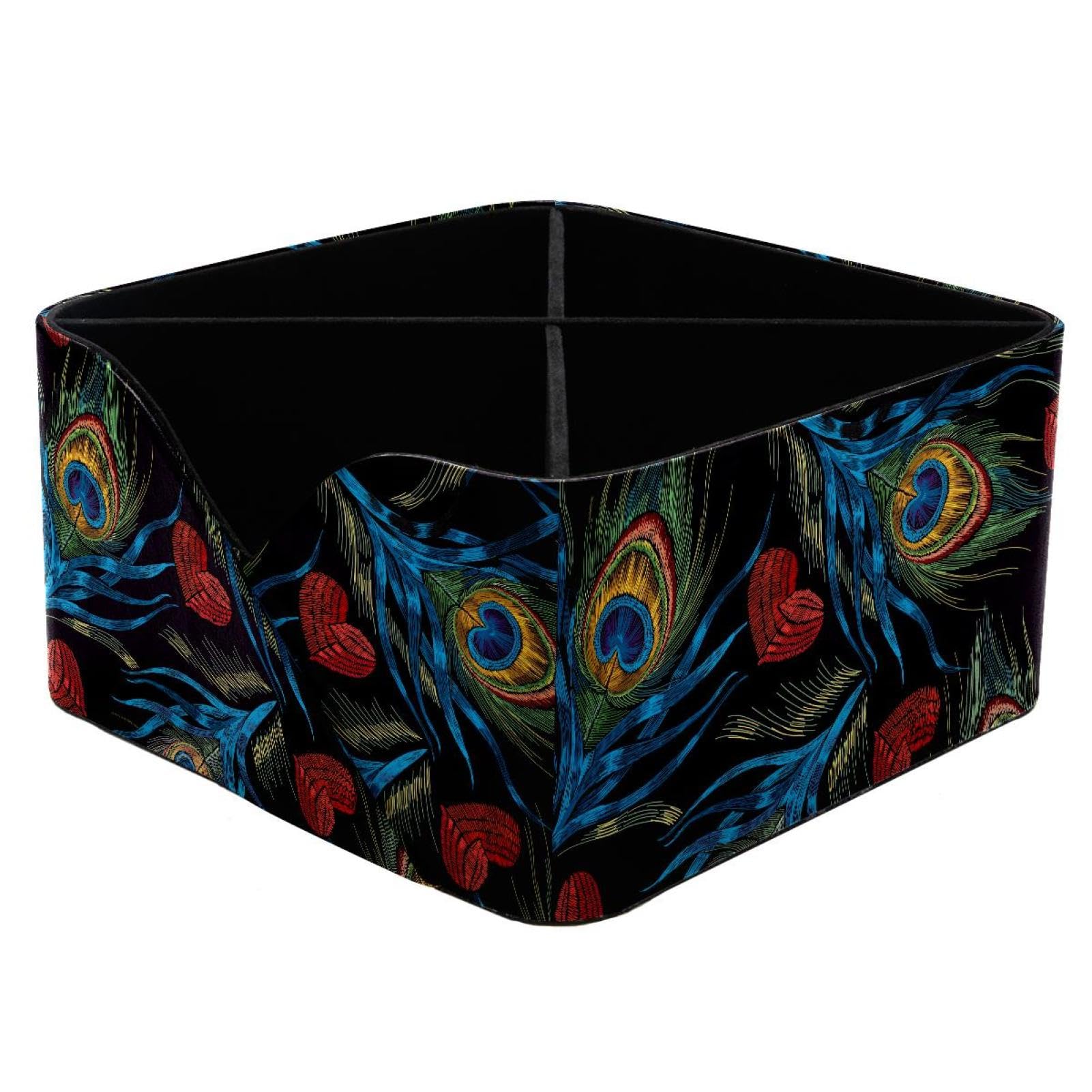 KengjuTesu Peacock Feathers and Hearts Pattern Desktop Organizer Pen Holder, Rectangular Pencil Cup for Office, Study and Makeup Stations