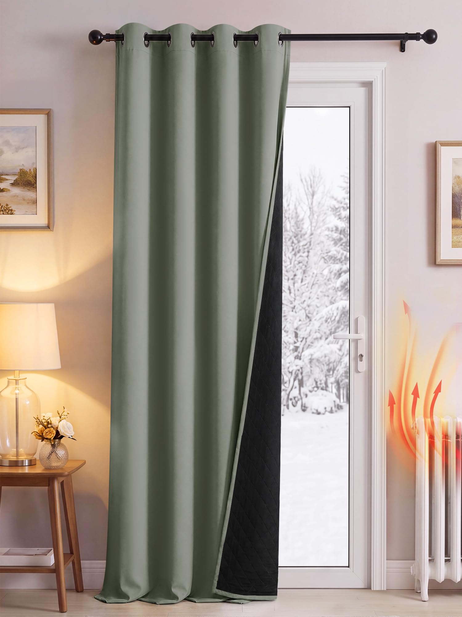 PONY DANCE Thermal Door Curtain with Quilted Lining, Sage Green, 55x108