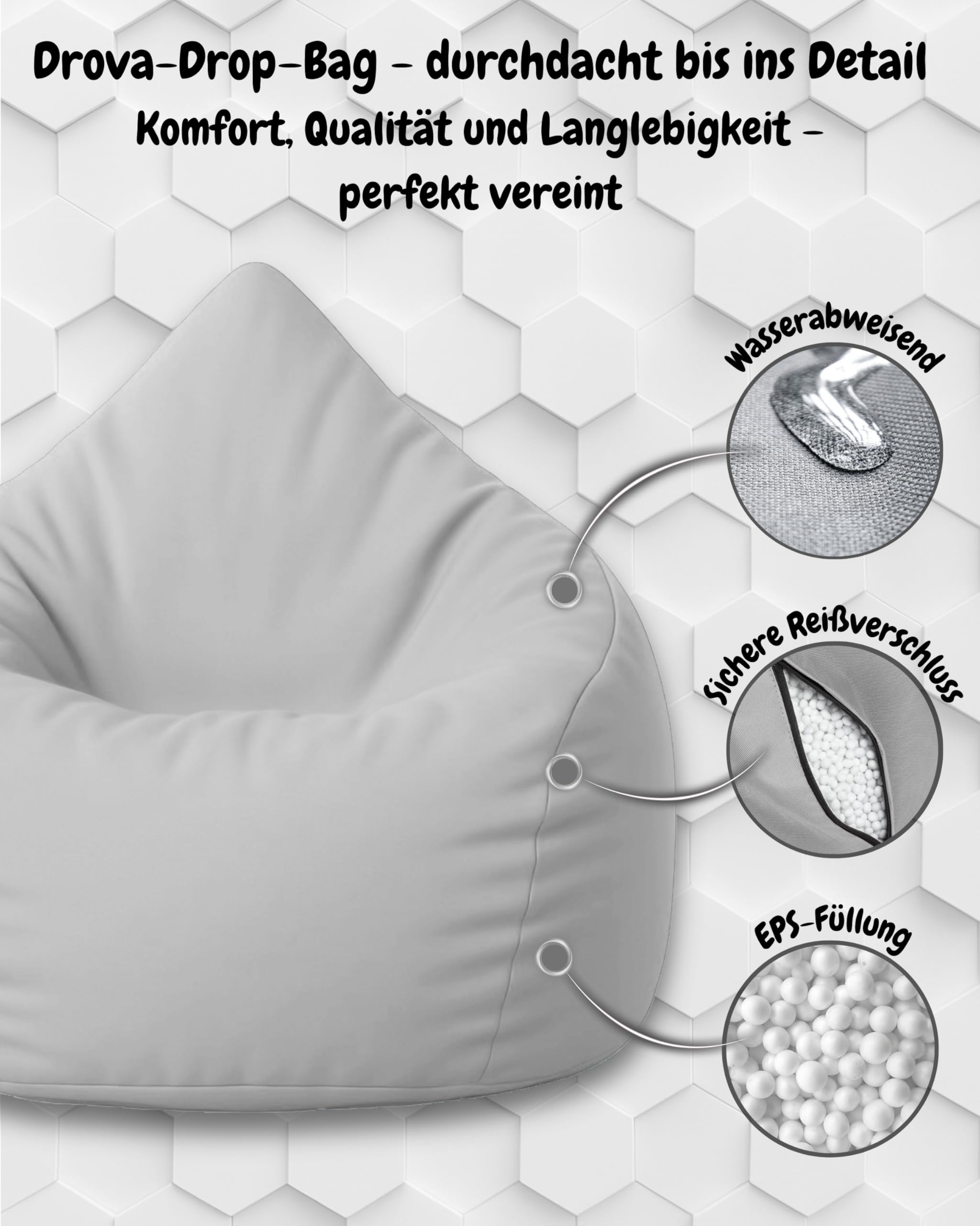 PATCH HOME Sitzsack Tropfenform – Beanbag - Mit Styropor-Füllung, Wasserabweisend, für Indoor & Outdoor, für Kinder und Erwachsene (Grau, Jumbo)
