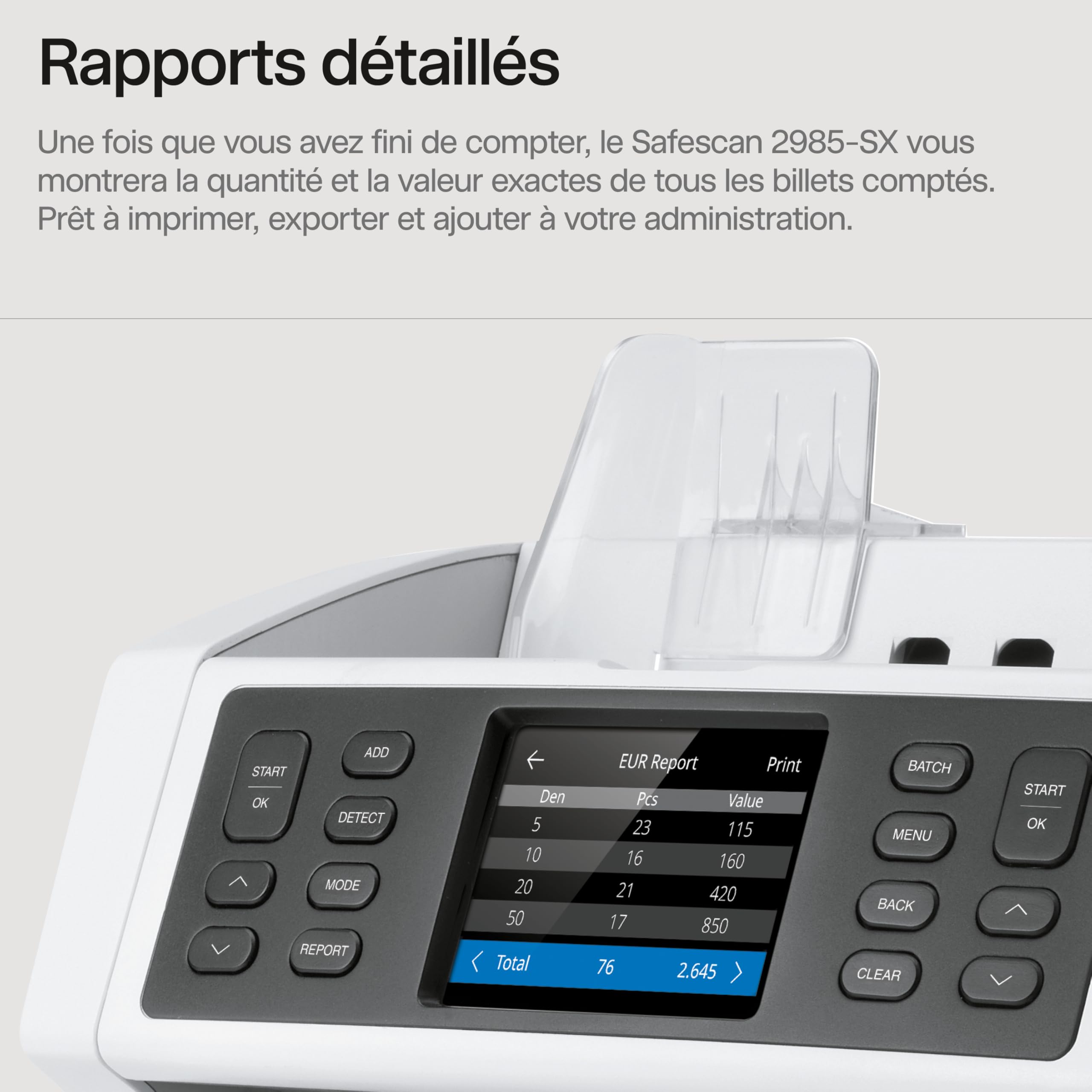 Safescan 2985-SX compteuse de billets valorisatrice qui compte et trie les billets mélangés - Compteur de billets avec détection de faux billets sur 7 points - Compteuse de billets avec option de tri