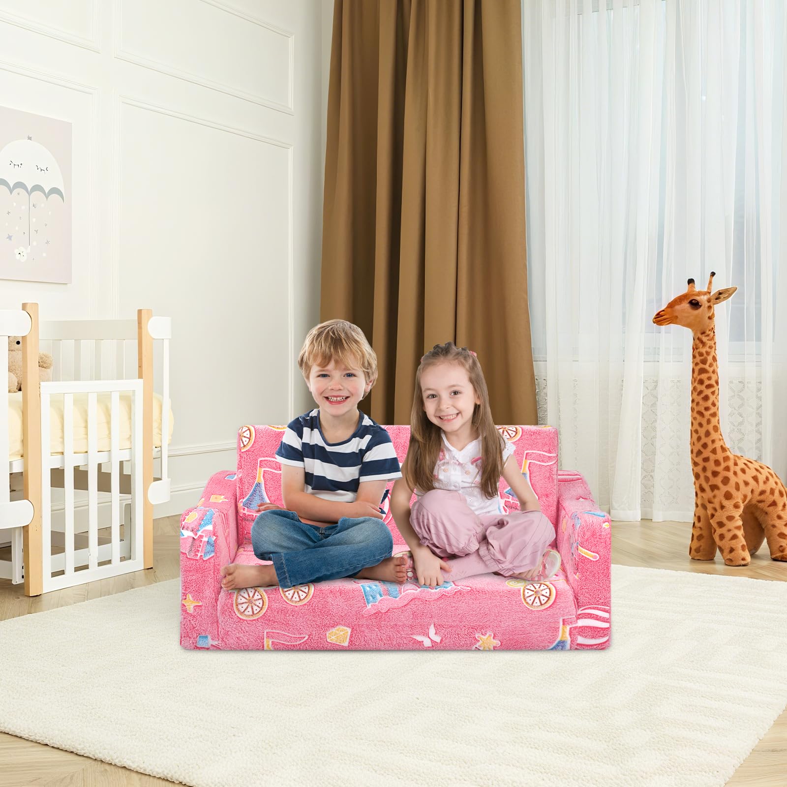 Pieghevole Divano Bambini 2-in-1, Poltroncina per Bambini Trasformabile in Lettino per Regalo Bambino,Stabile Sedia si illumina al Buio Camere da Letto, Soggiorno e Stanza per i Giochi,Castello