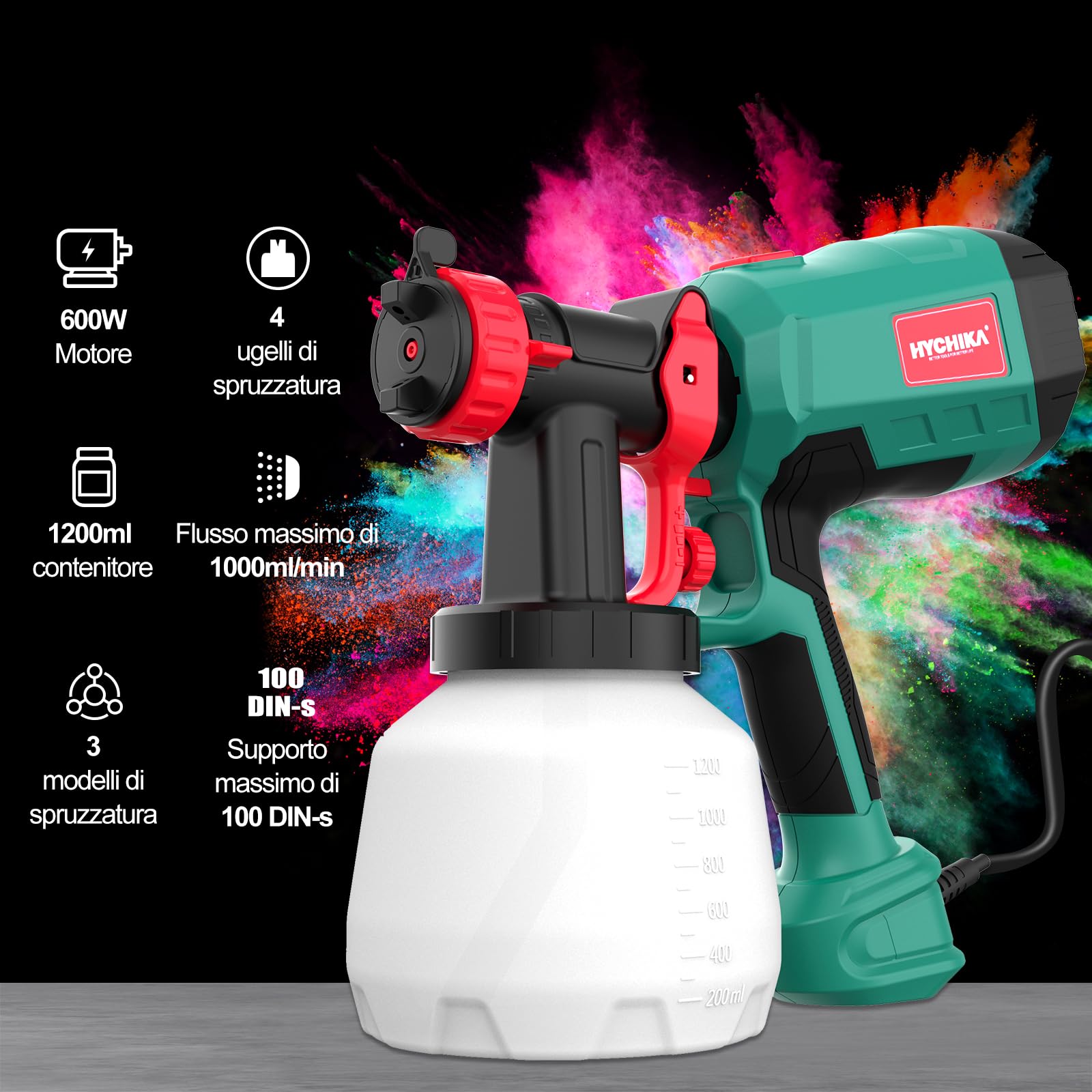 HYCHIKA Pistola per Verniciare, 600W HVLP Pistola a Spruzzo per Verniciare, Serbatoio da 1200ML 4 Ugelli e 2 Strumenti di Pulizia, Spruzzatore di Vernice a 3 Modelli per Pareti e Soffitti, Recinzione