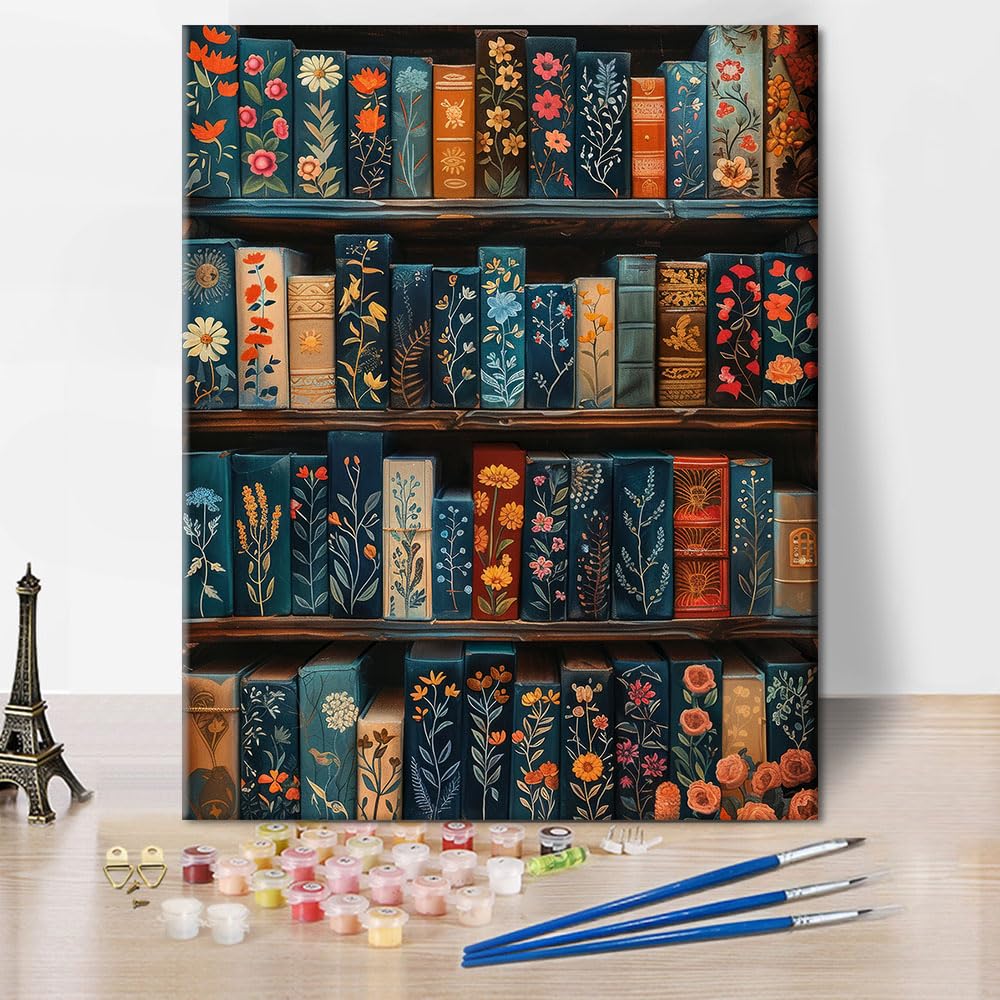 TUMOVO Paint by Numbers Kit for Adults Beginner, Flower and Books Adult Paint by Number Kits on Canvas, Bookshelf DIY Acrylic Oil Number Painting for