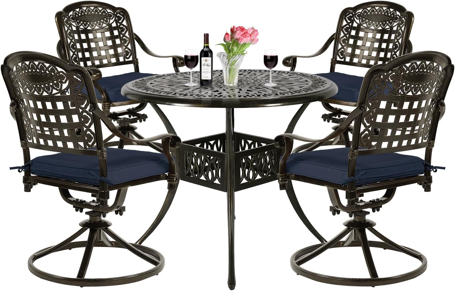 VIVIJASON 5-Piece Outdoor Patio Dining Set, All-Weather Cast Aluminum Conversation Set, Patio Furniture Set, Include 4 Swivel Dining Chairs, a 35.4" Round Table w/Umbrella Hole, Navy Blue Cushion