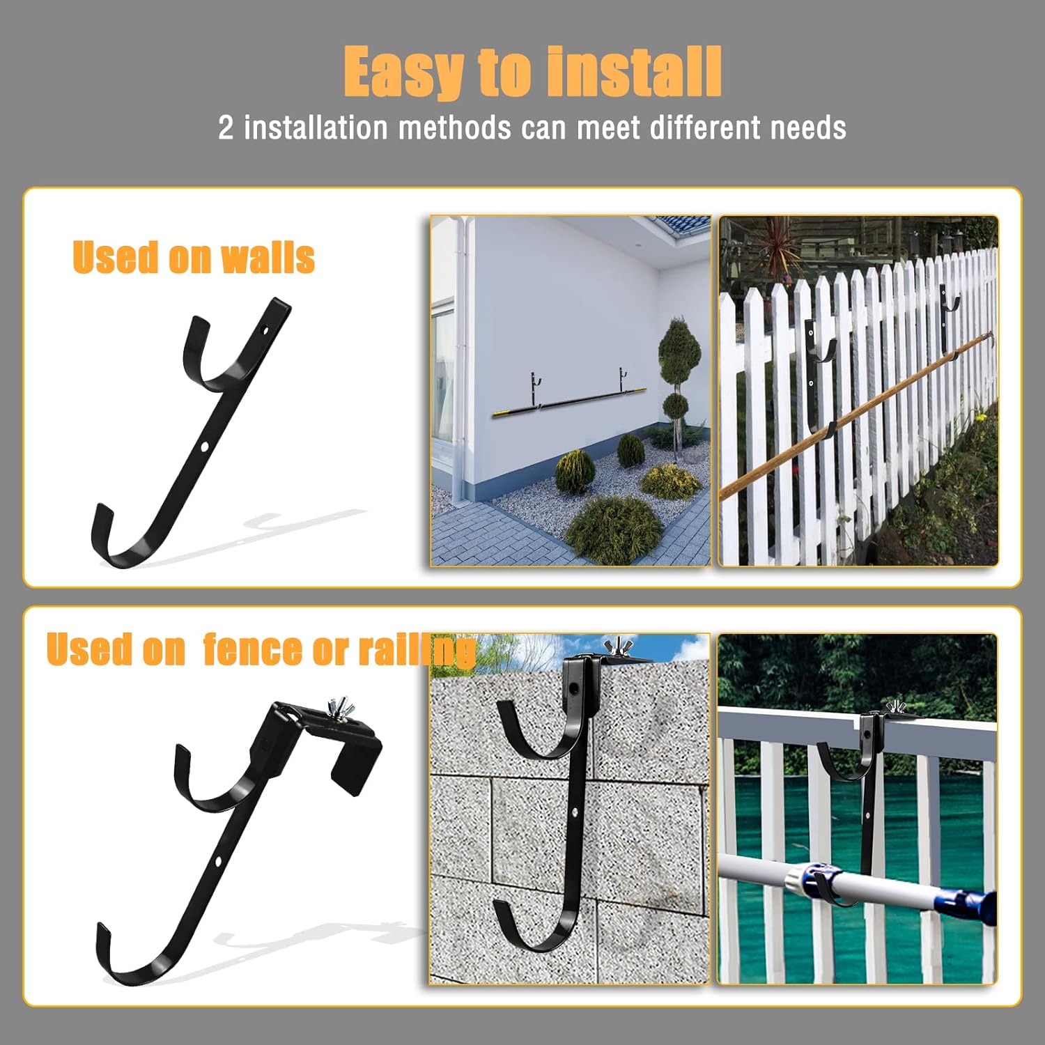 Adjustable Pool Poles Hanger/Hooks, Hang Accessories-Tools on Fence&Wall Hooks. (Four Sets of Black)