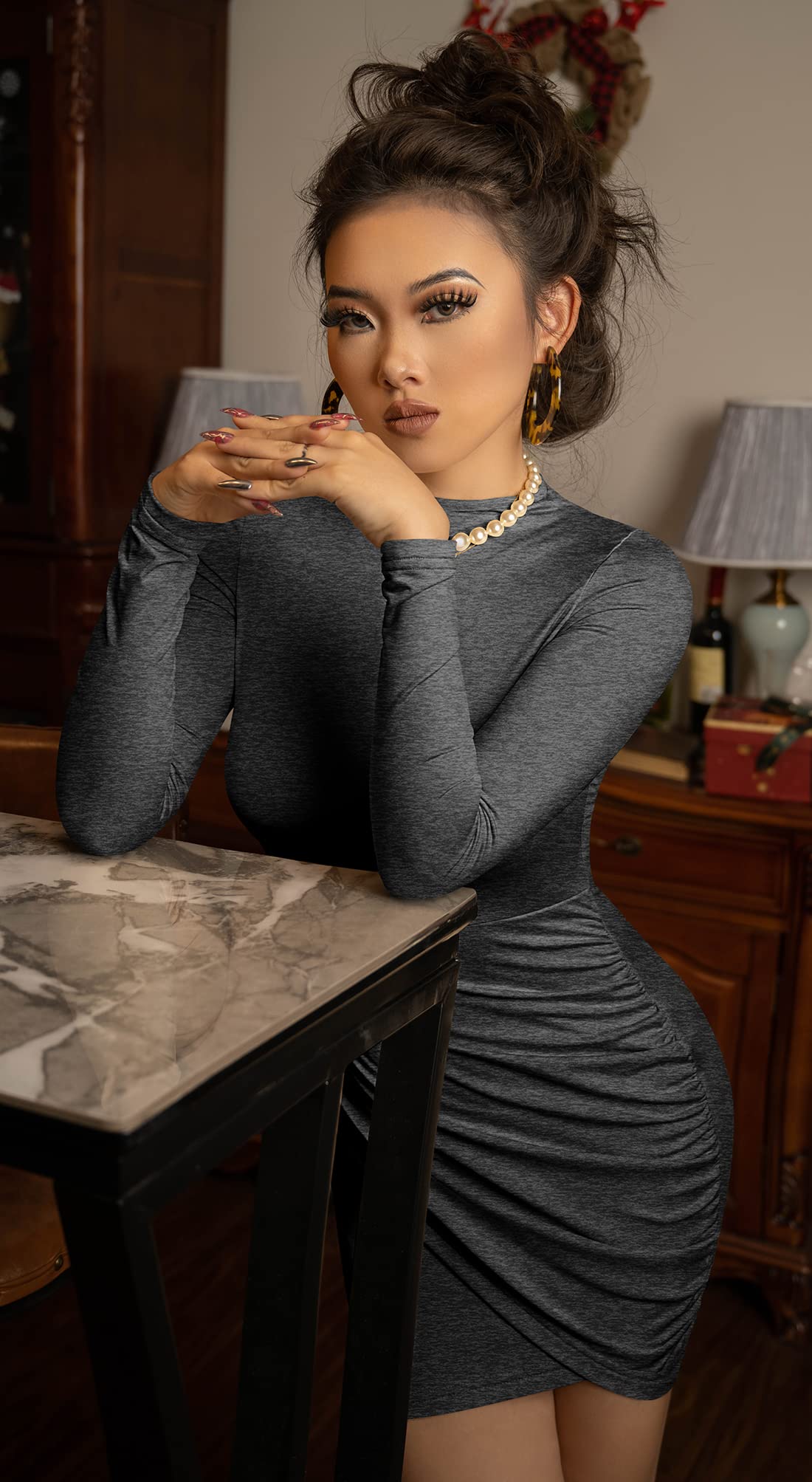 GOBLES Women's Long Sleeve Elegant Sexy Bodycon Ruched Mini Cocktail Dress