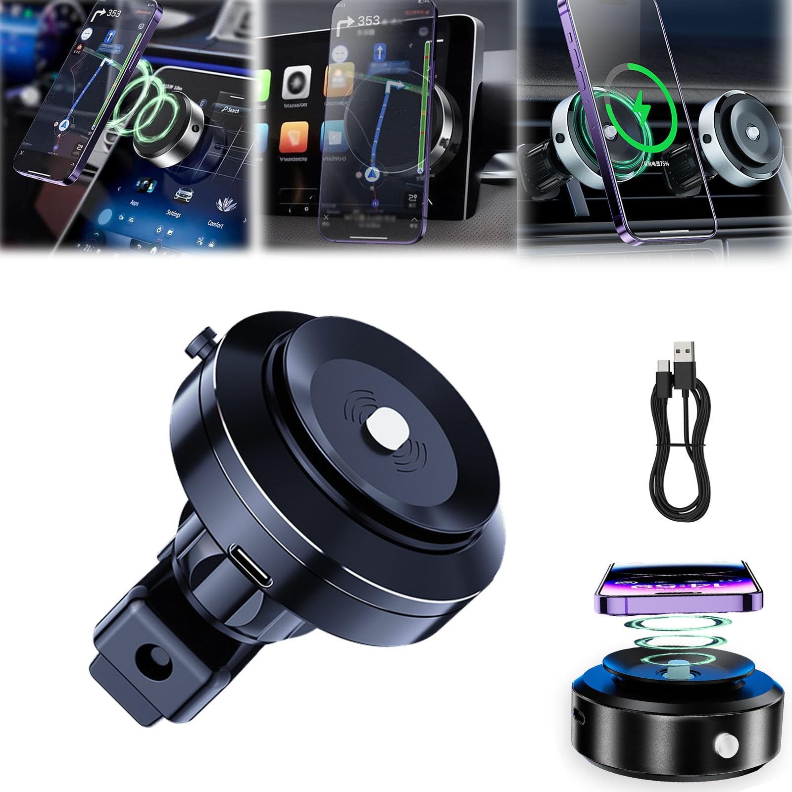Soporte Magnético Teléfono Coche 360° Ajustable - Ventosa Vacío, Compatible MagSafe, Universal