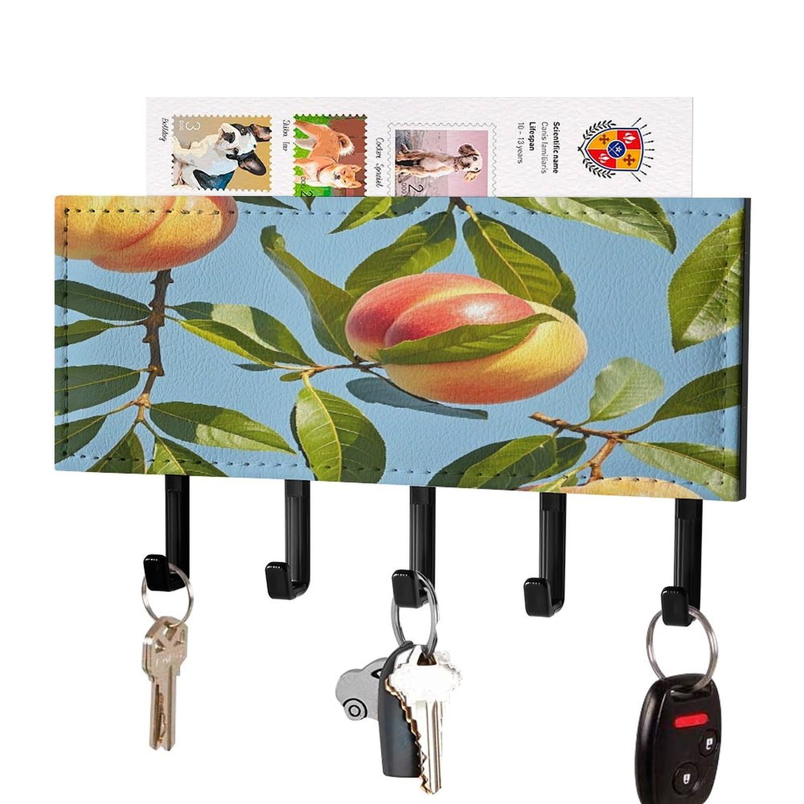 FekiLoot with Peach Leaves Key Holder Wall Mount Key Hooks for Wall Decorative with 5 Hooks PU Mail Rack Organizer with Shelf for Entryway Mudroom Hallway Office 7.1X4.3 in