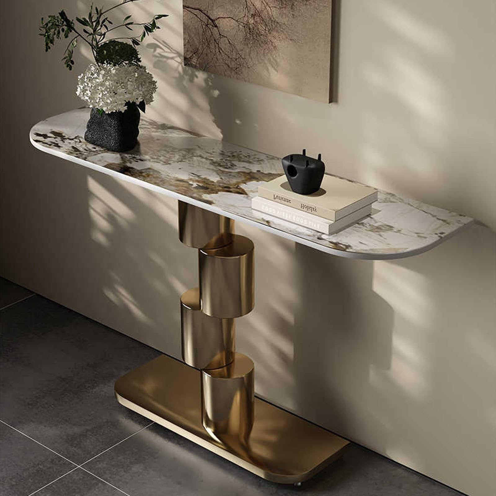 Consola estrecha moderna de 80 cm mesa auxiliar para sofá y entrada geométrica dorada