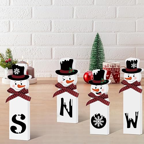 Miniatura 6 de Decoración navideña de muñeco de nieve de madera para interiores, 4 piezas, bloque de muñeco de nieve con cinta, bandeja escalonada rústica Let It