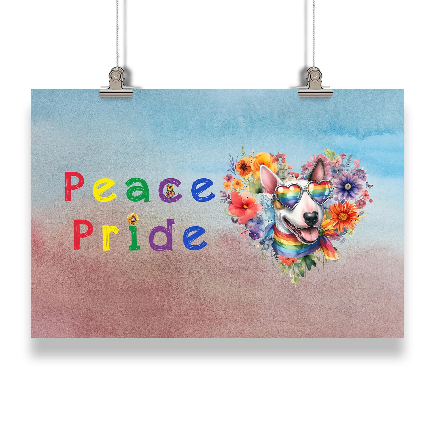 Ninety3POD Peace Love Pride Bull Terrier with Rainbow Sunglasses LGBT LGBTQ+ Landscape Poster Bully Dog Breed Lovers Gifts Idea Wall Art Home Decor - 004