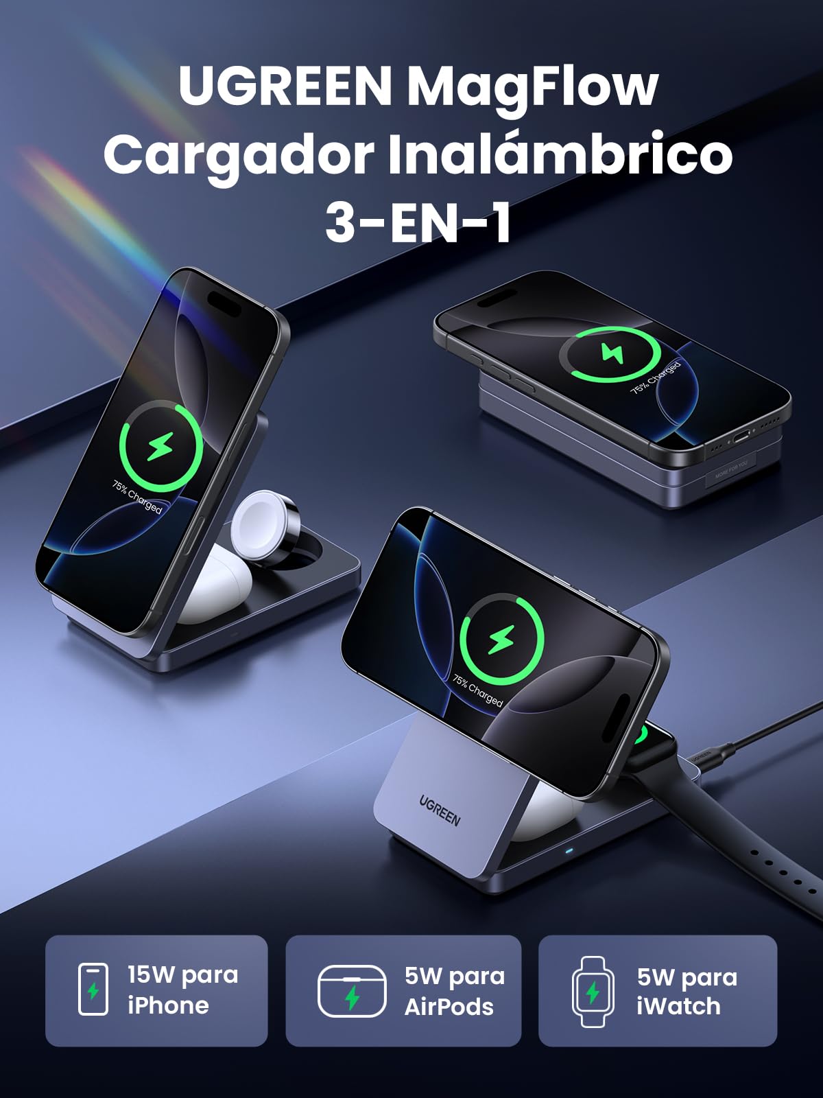 UGREEN MagFlow 3 en 1 Cargador Inalámbrico Qi2 15W Magsafe | Compatible con iPhone 17/16/15/14/13/12 Air Plus Pro Max AirPods 4/3/Pro 3/2/1 iWatch, Estación de Carga Rápida