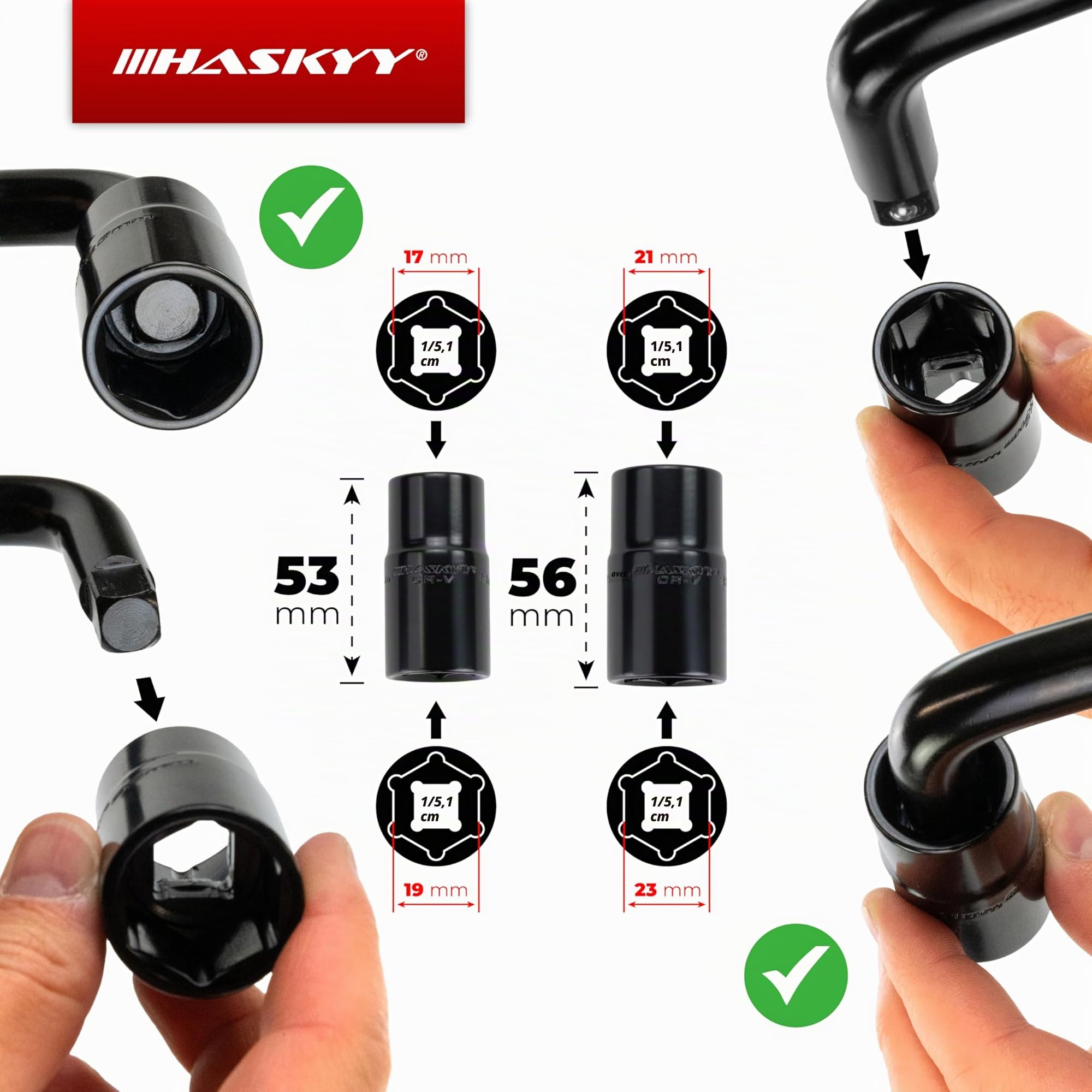 HASKYY Ensemble de clés télescopiques pour écrous de roue 355 – 530 mm extensibles 1/2 pouce, douilles 17/19 mm et clé à douille 21/23 mm, avec étui, couple de torsion 665 Nm