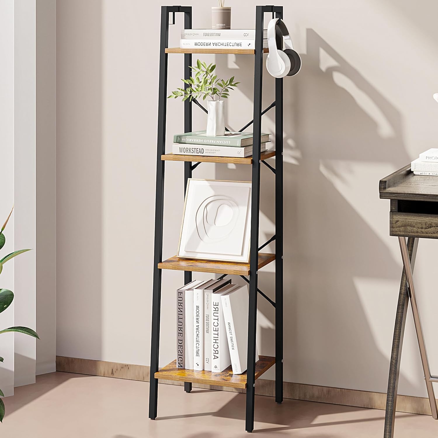 Hzuaneri Ladder Shelf, Bookshelf Bookcase, Freestanding Corner Storage Shelve with 2 Hooks for Home Office, Living Room, Kitchen, Bedroom, Industrial,