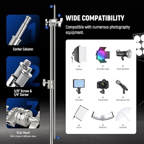 Miniatura 31 de NEEWER Soporte profesional en C resistente de acero inoxidable 100% con brazo de pluma, altura máxima de 10.5 pies, soporte de luz para fotografía