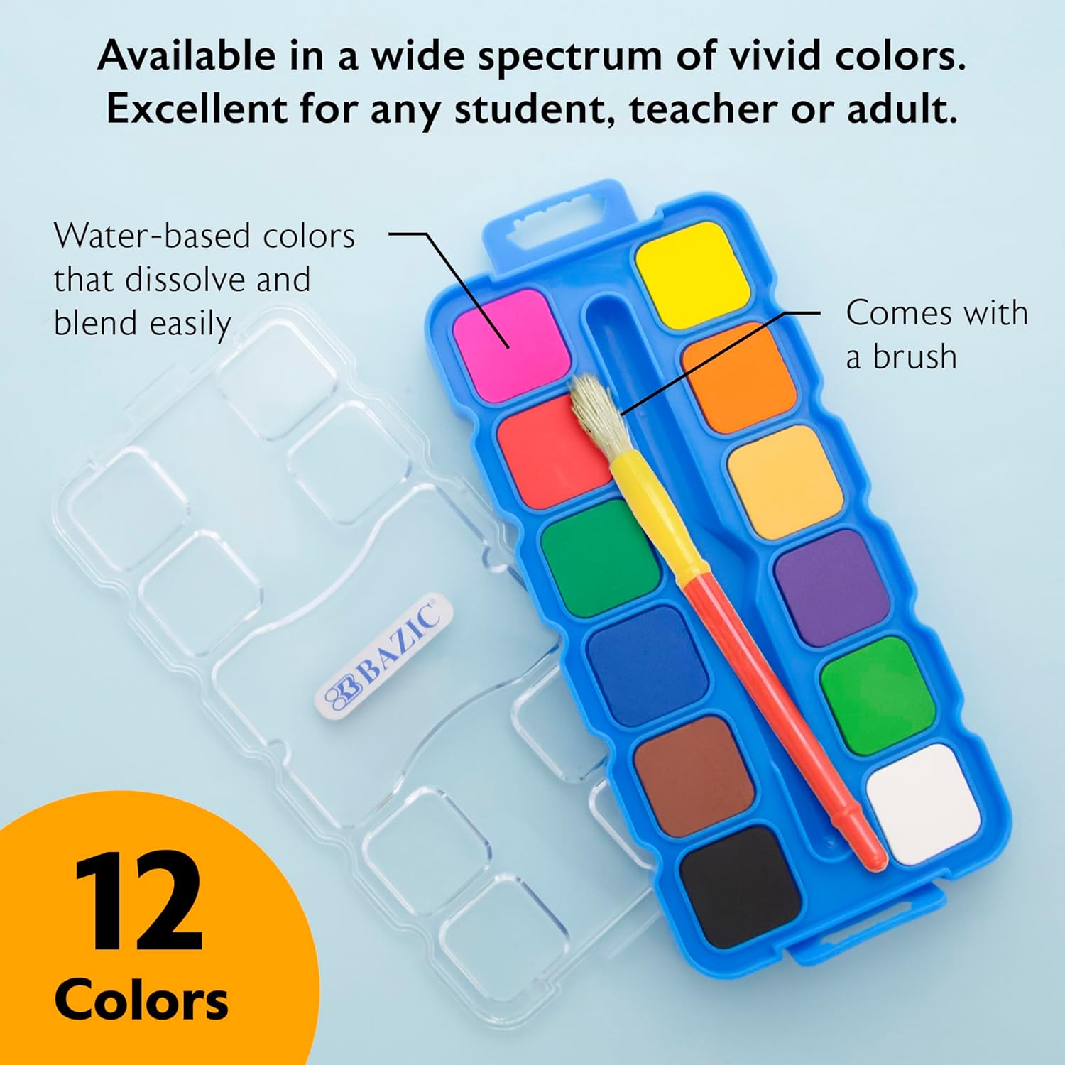 BAZIC Products Watercolor w/Brush & Mixing Palette, 12 Color Non-Toxic Paint Set, for Hobby Fun Art Supplies Vibrant Painting, Gift for Artists, 24-Pack