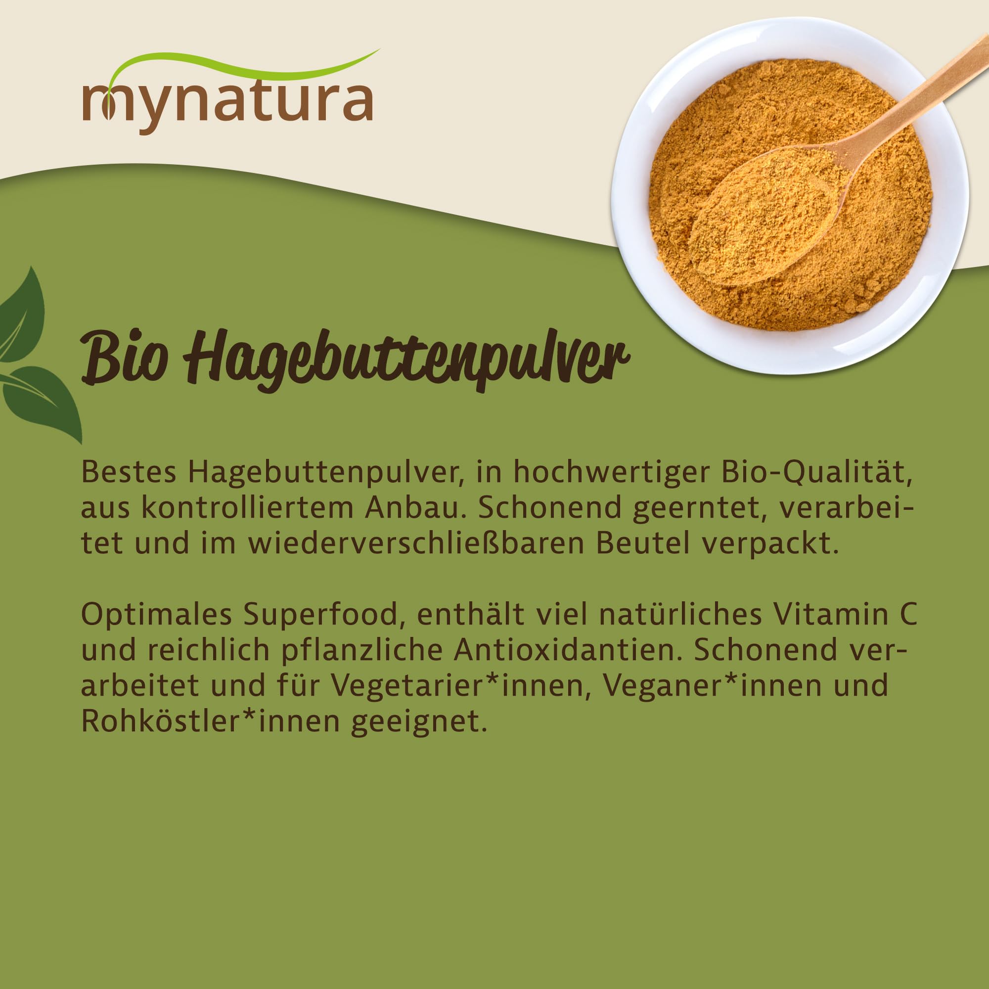 Mynatura Bio Hagebuttenpulver 3x 1000g I Pflanzlich I Schonend Verarbeitet I Heckenrose I Naturrein I ohne Gentechnik I Vitamin-C I Hagebuttenmehl I DE-ÖKO-044 I ((3x1000g))