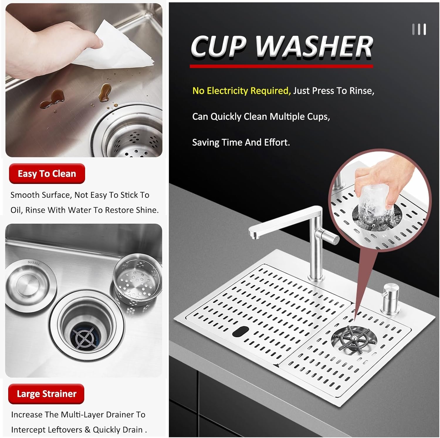 55×43×19Cm Small Bar Sink, with Faucet, Cup Washer, Sink Cover and Drain Set, 304 Stainless Steel Kitchen Bar Prep Sink, Cup Washing Sink, Concealable Workstation Sink,Black-55x43x19cm