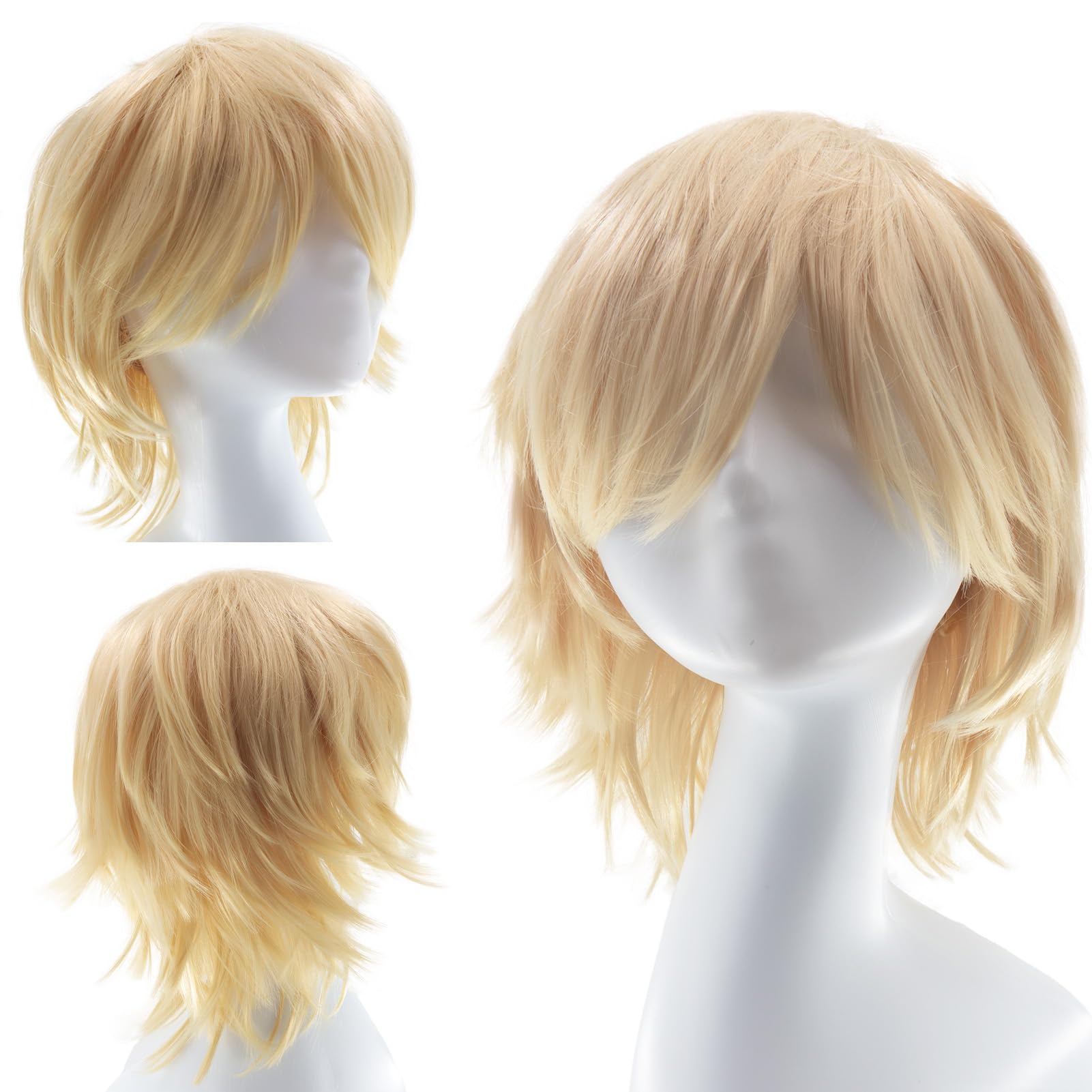 Dcbaboo Blonde Short Curly Wig, 12" Natural Fluffy Layered Straight Hair, Unisex Anime Cosplay Wig, 22.5" Cap Size