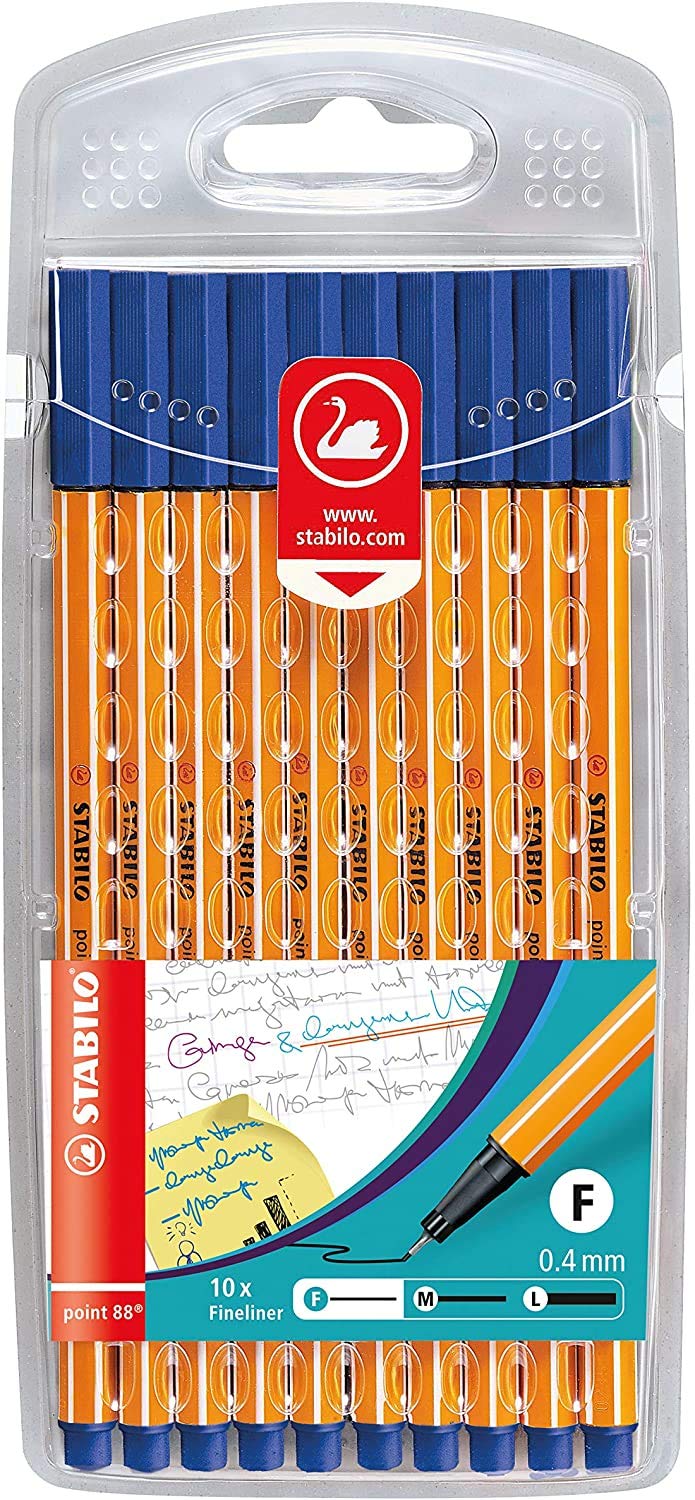 Stabilo Point 88 Lot de 10 feutres fins : noir, rouge, bleu, vert