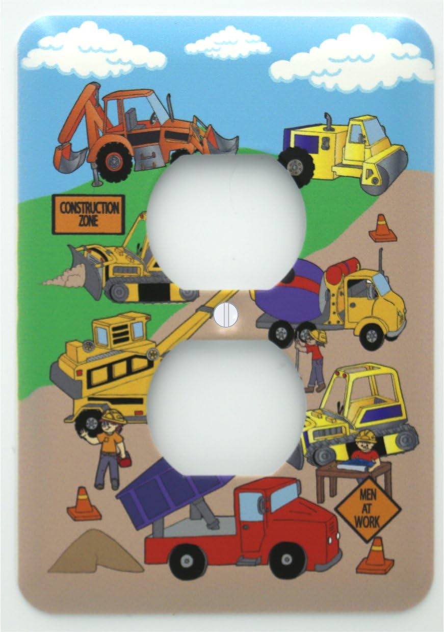 Construction Outlet Metal Switch Plates Cover Construction Theme with Bulldozers, Tractors, Cement Truck, Steamroller, and Dump Truck