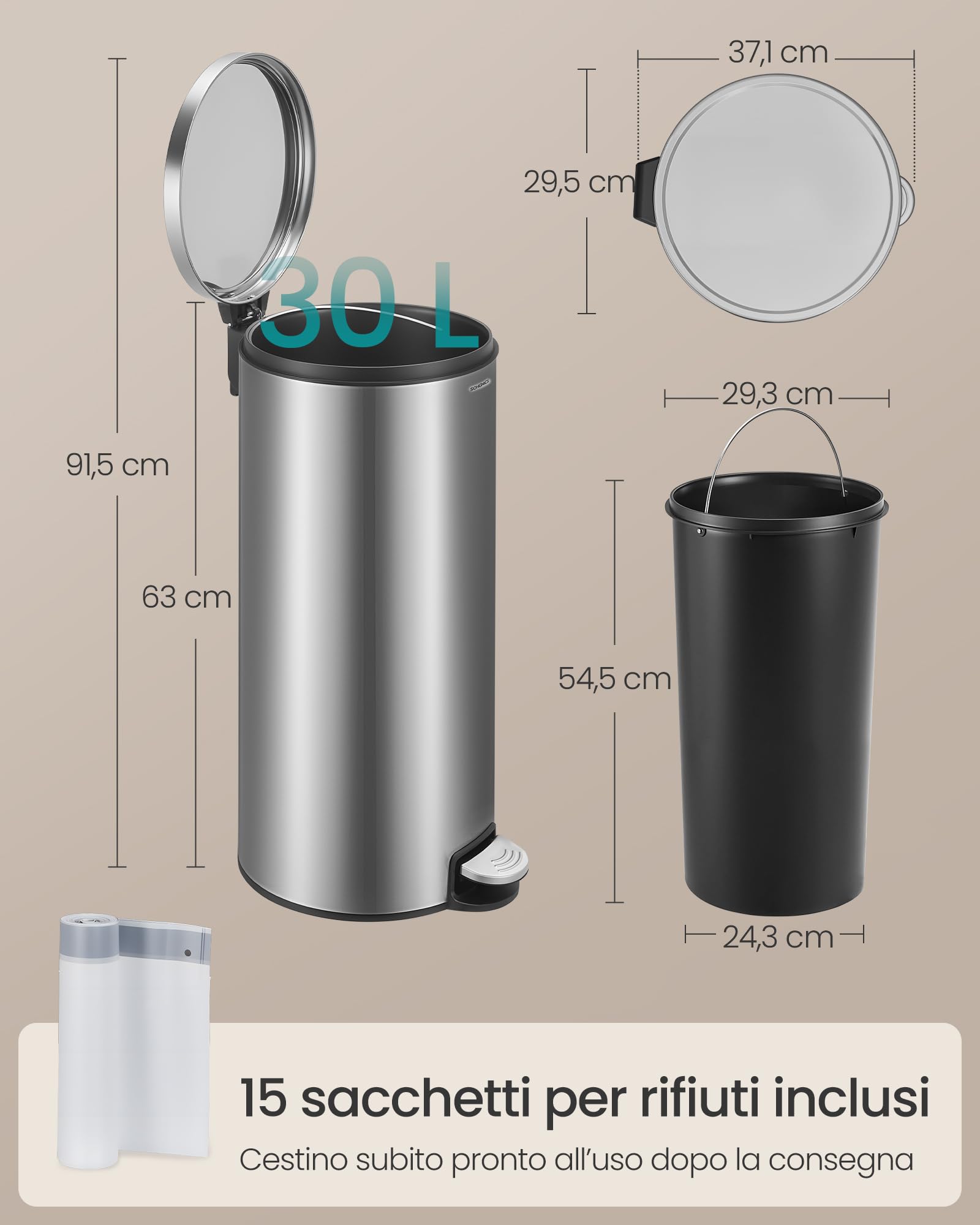 SONGMICS Pattumiera Rotonda, Cestino con 15 Sacchetti Spazzatura, Pedale in Metallo, Secchio Rimovibile in Plastica, Manico, Chiusura Ammortizzata, Acciaio Inox, 30 L, Argento LTB031EZ02