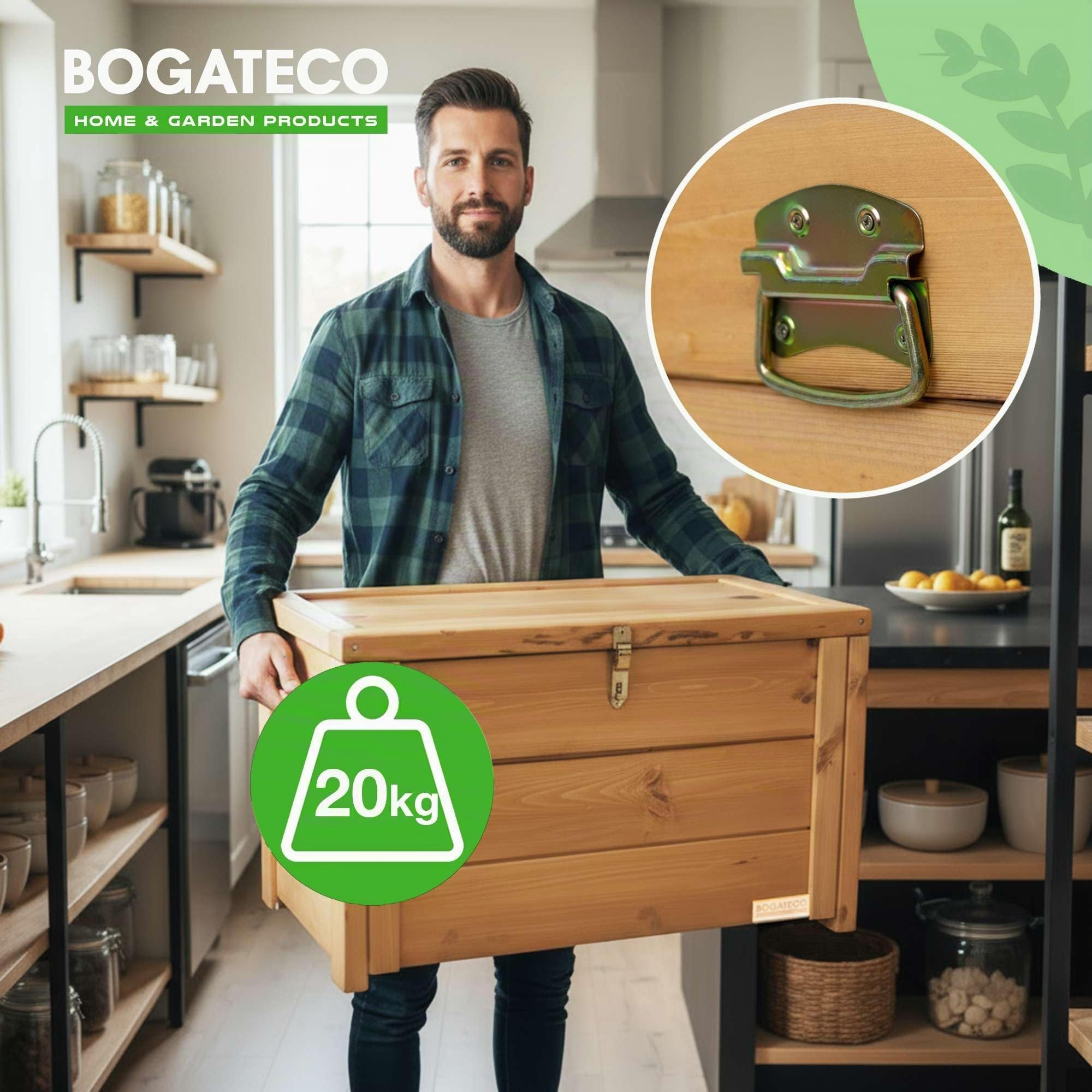 BOGATECO Gartenbox Holzkiste mit Deckel | Thermobehälter | Isoliert Kaste zur Aufbewahrung von Obst und Gemüse 55L | Verstellbare Fächer 79x46x39cm