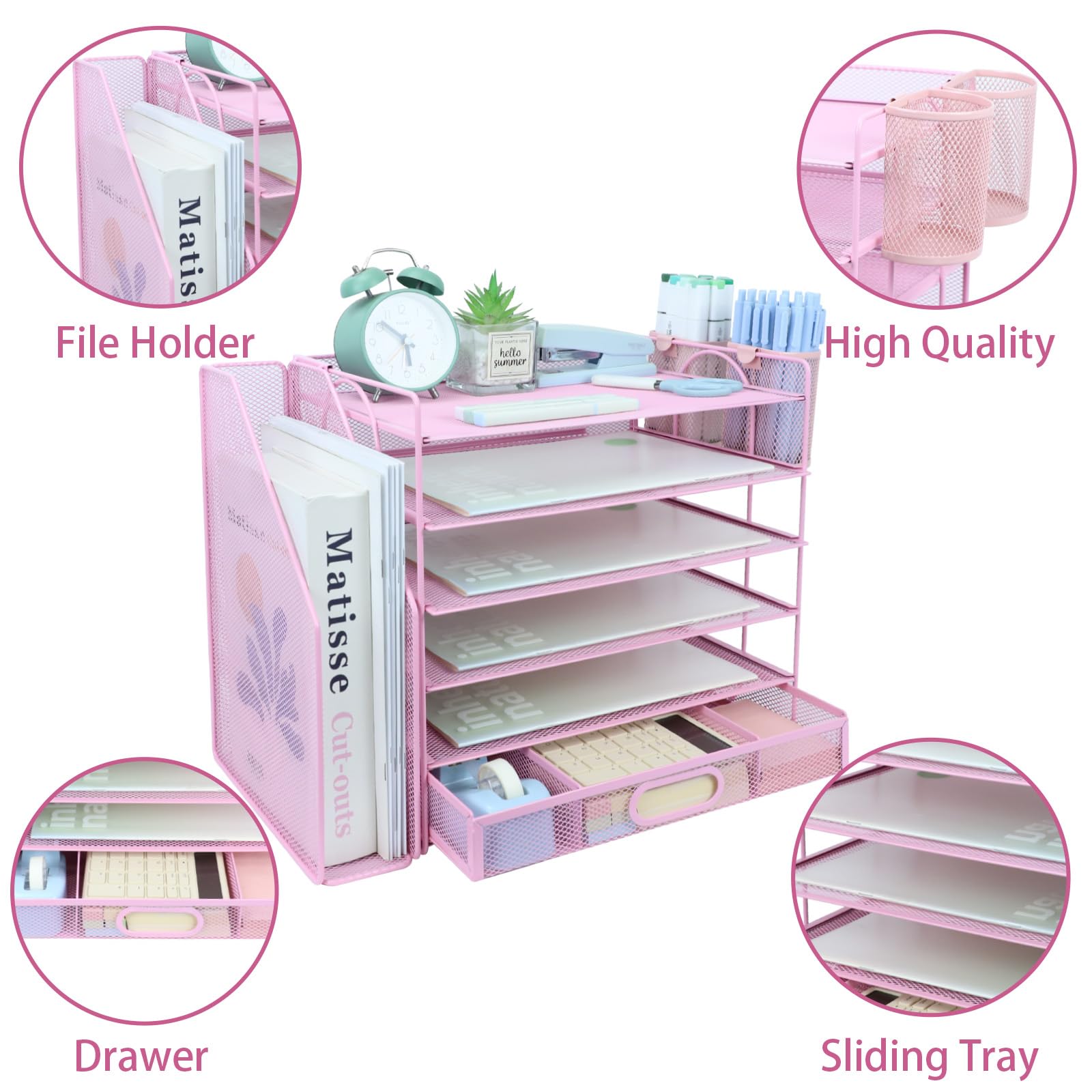 Organizer da scrivania e accessori con portadocumenti, organizer per lettere a 5 livelli con cassetto e 2 portapenne, organizer da scrivania in rete per forniture per ufficio, spazio di