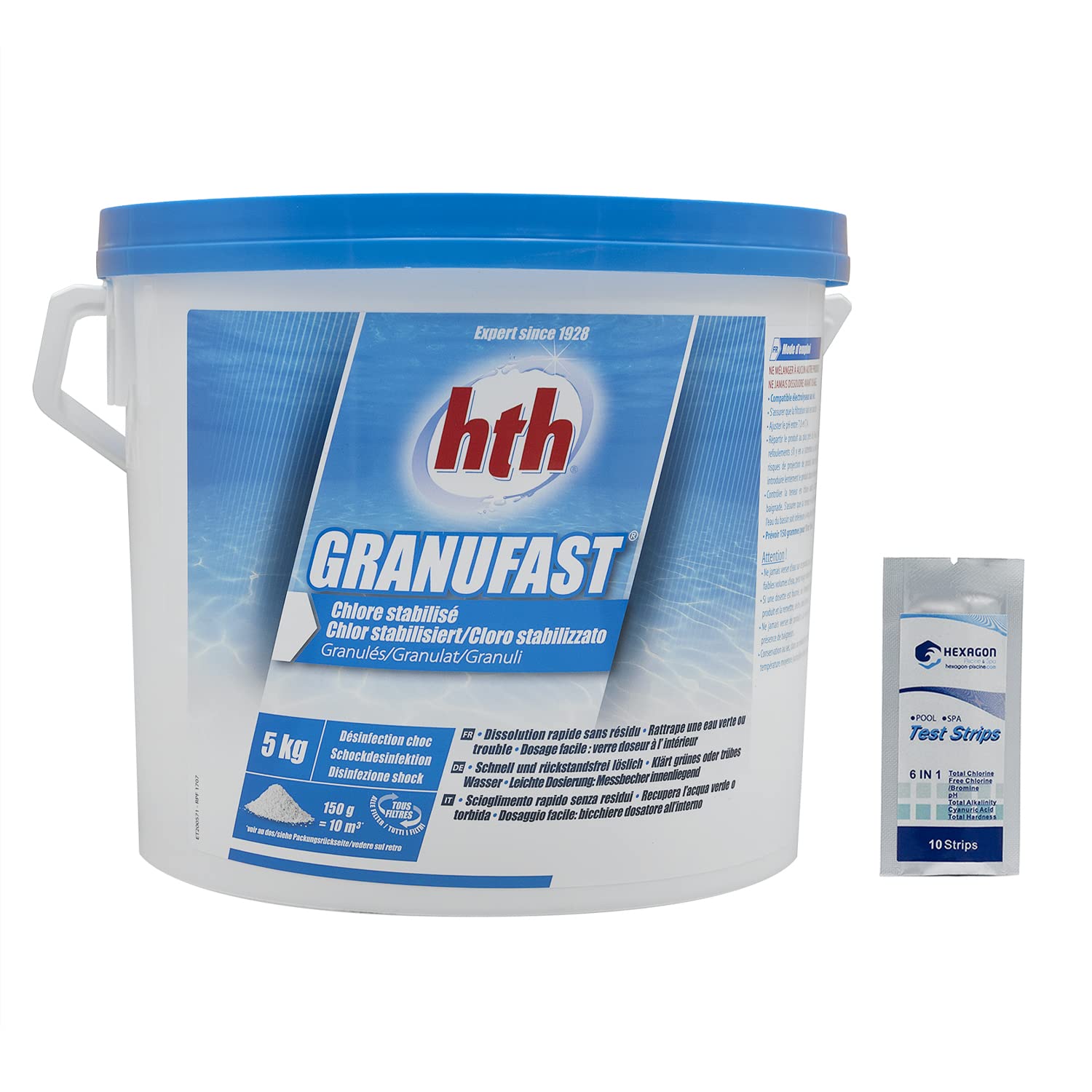 HTH GRANUFAST Granulés - 5kg | Chlore Choc Stabilisé - Désinfection Choc - Dissolution Rapide + 10 Tests HPS OFFERTS 6 en 1