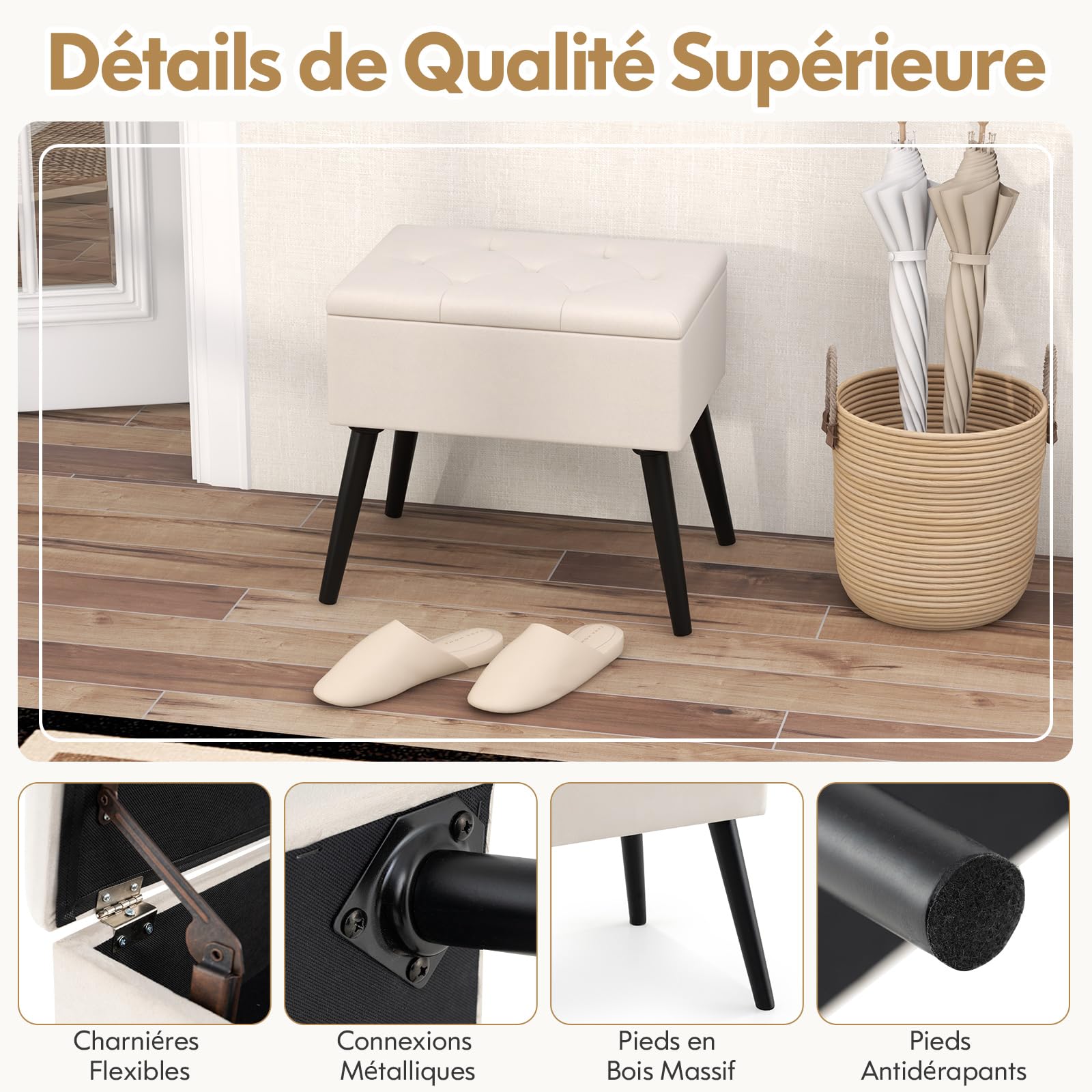 COSTWAY Tabouret Coiffeuse avec Rangement, Pouf Rangement en Velours, Pieds en Bois Massif, Siège Rembourré Rabattable, Banc Chaussures Entrée, pour Chambre Salon Coiffeuse, Charge 150 kg (Beige)