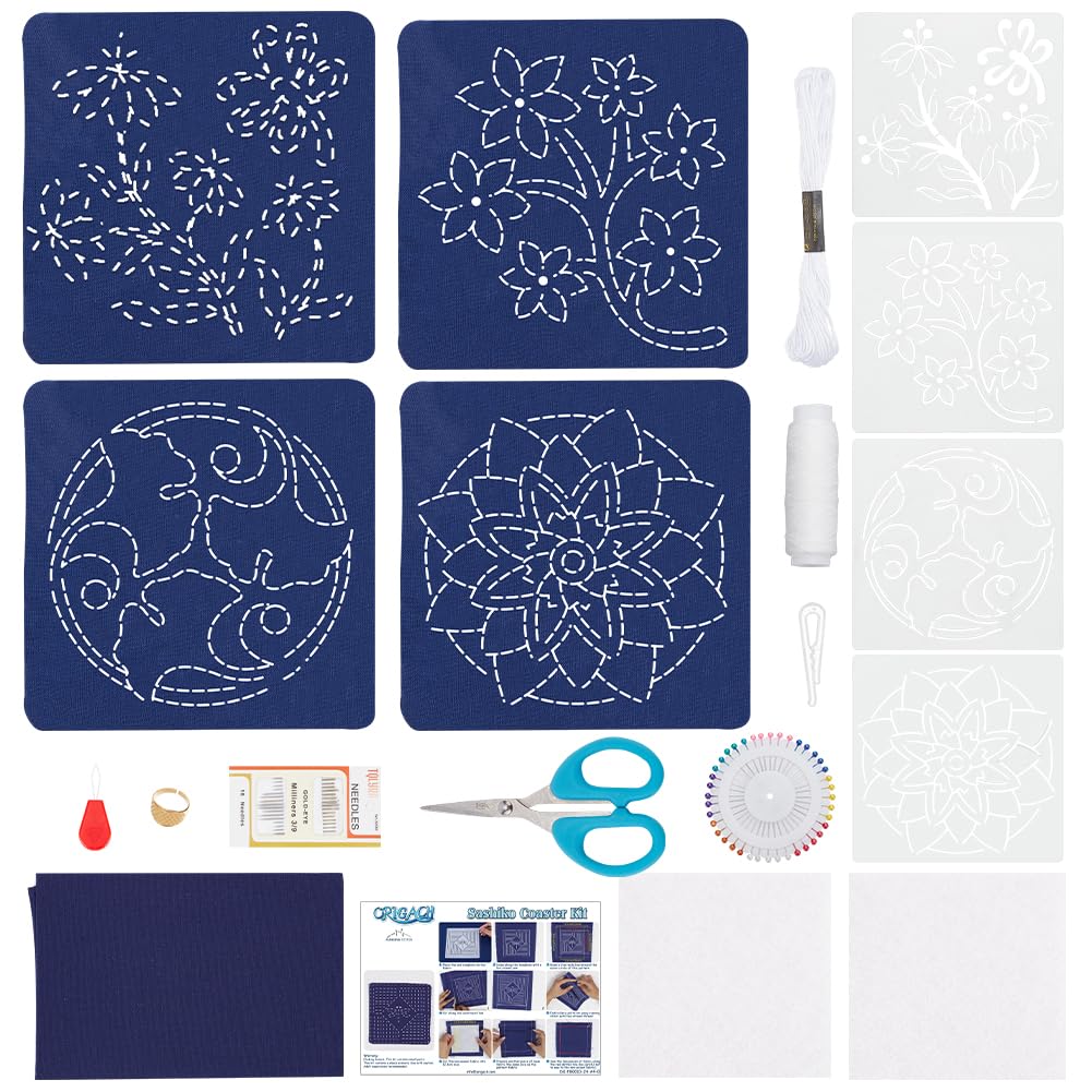 Kit Sashiko 4 Motifs - Pochoirs Solubles à L'Eau + Tissu à Broder - Pour Débutants En Broderie Japonaise - 4
