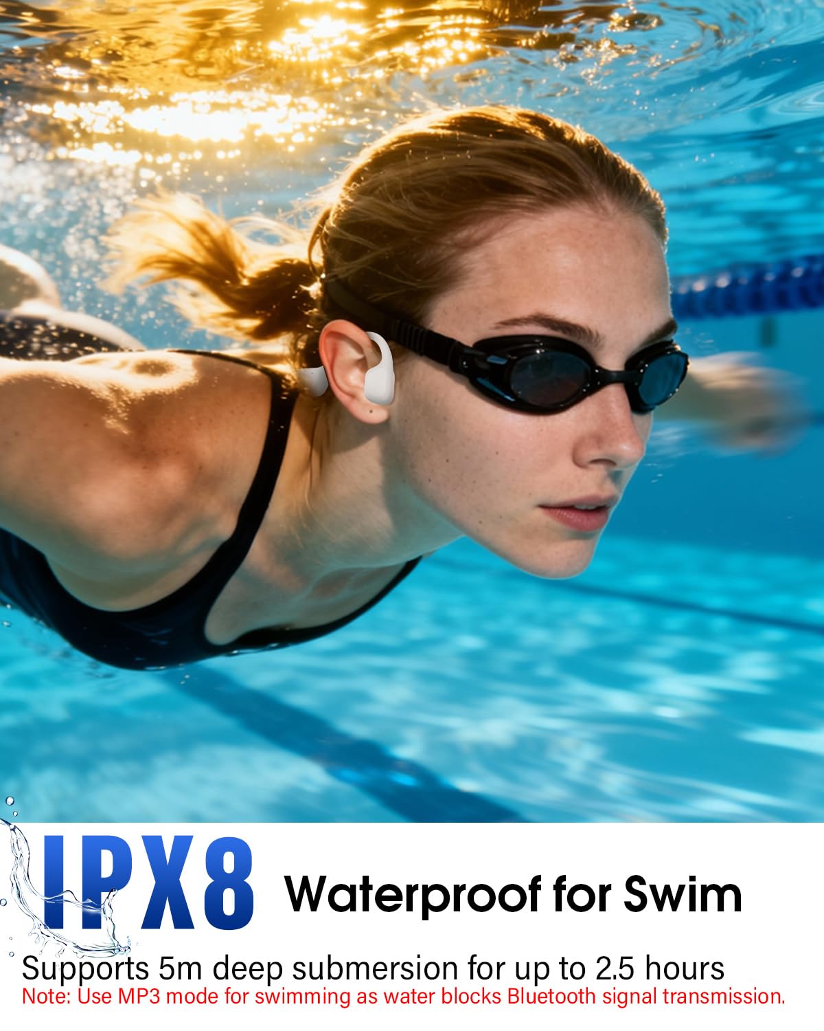 Cuffie a conduzione ossea, cuffie da nuoto, arancione-bianco, impermeabilità IPX8, modalità MP3, memoria 8 GB, fino a 12 ore di riproduzione, auricolari Bluetooth 6.0, vestibilità sicura per