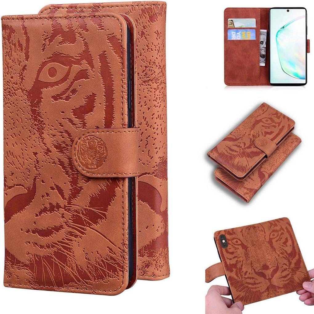 SATURCASE Case for Samsung Galaxy Note 10 Plus, Cool Tiger Embossing PU Leather Flip Dual Magnet Wallet Stand Card Slots Protective Cover for Samsung Galaxy Note 10 Plus (Brown)
