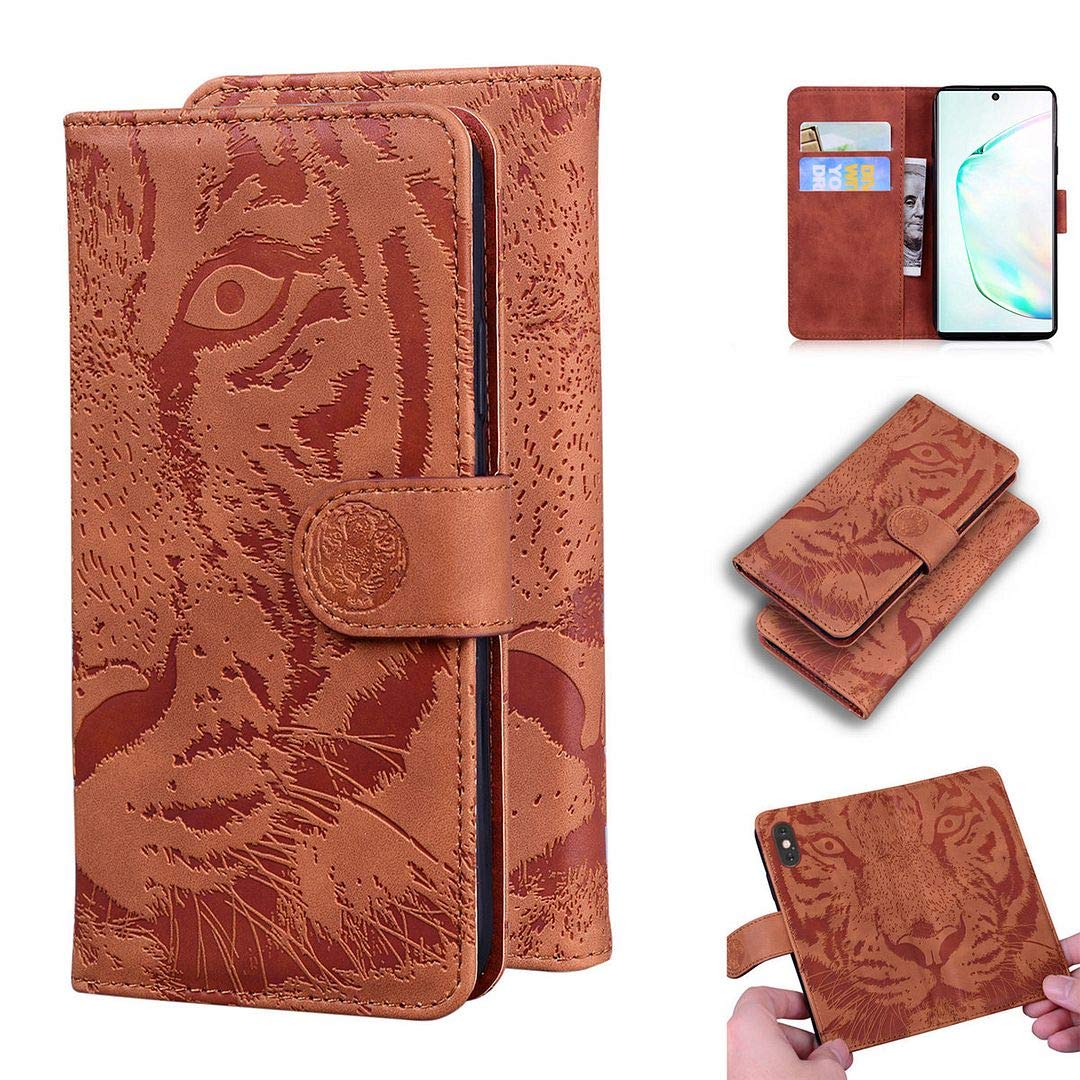 SATURCASE Case for Samsung Galaxy Note 10 Plus, Cool Tiger Embossing PU Leather Flip Dual Magnet Wallet Stand Card Slots Protective Cover for Samsung Galaxy Note 10 Plus (Brown)