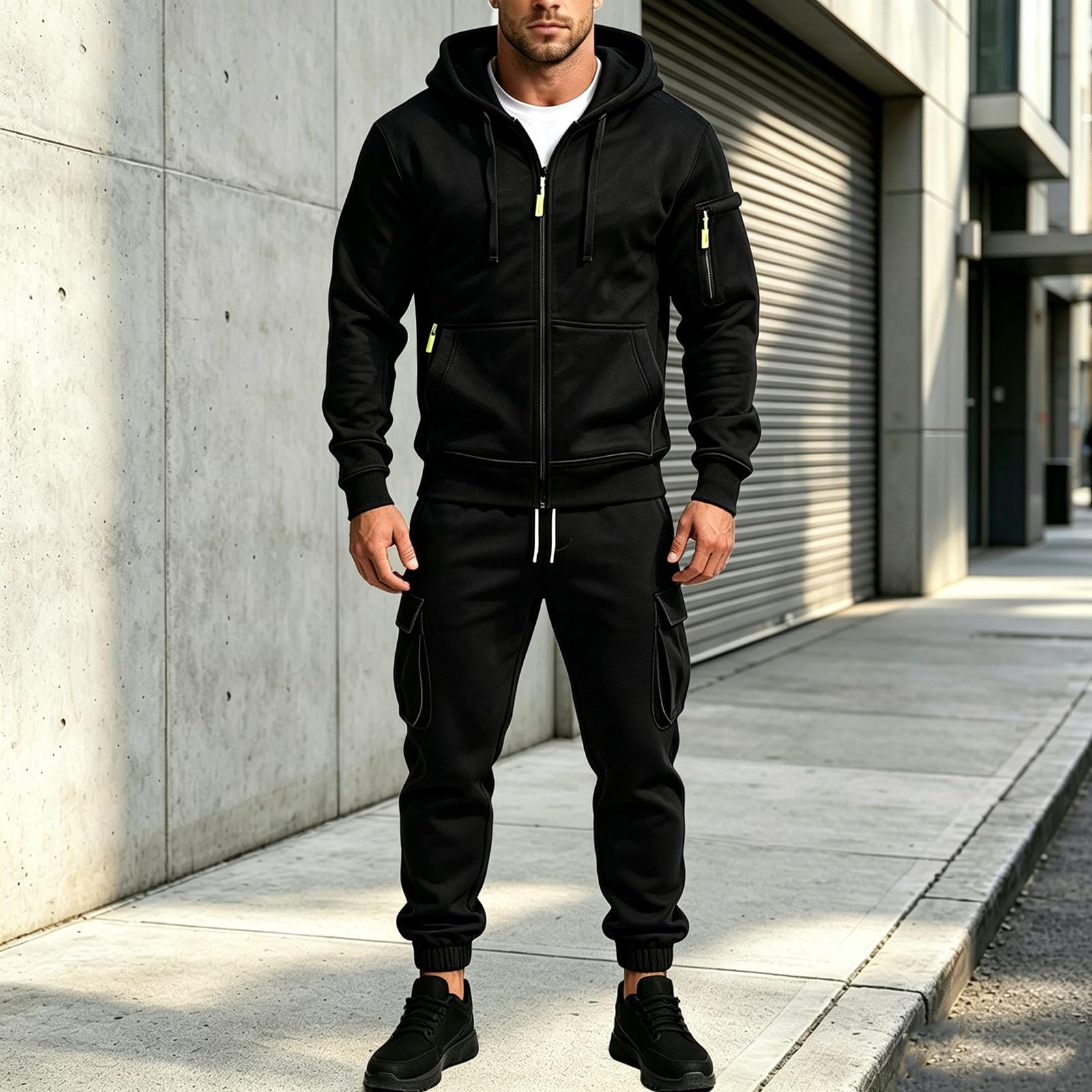 Sudadera con capucha cremallera para hombre, versátil, con pantalón trabajo