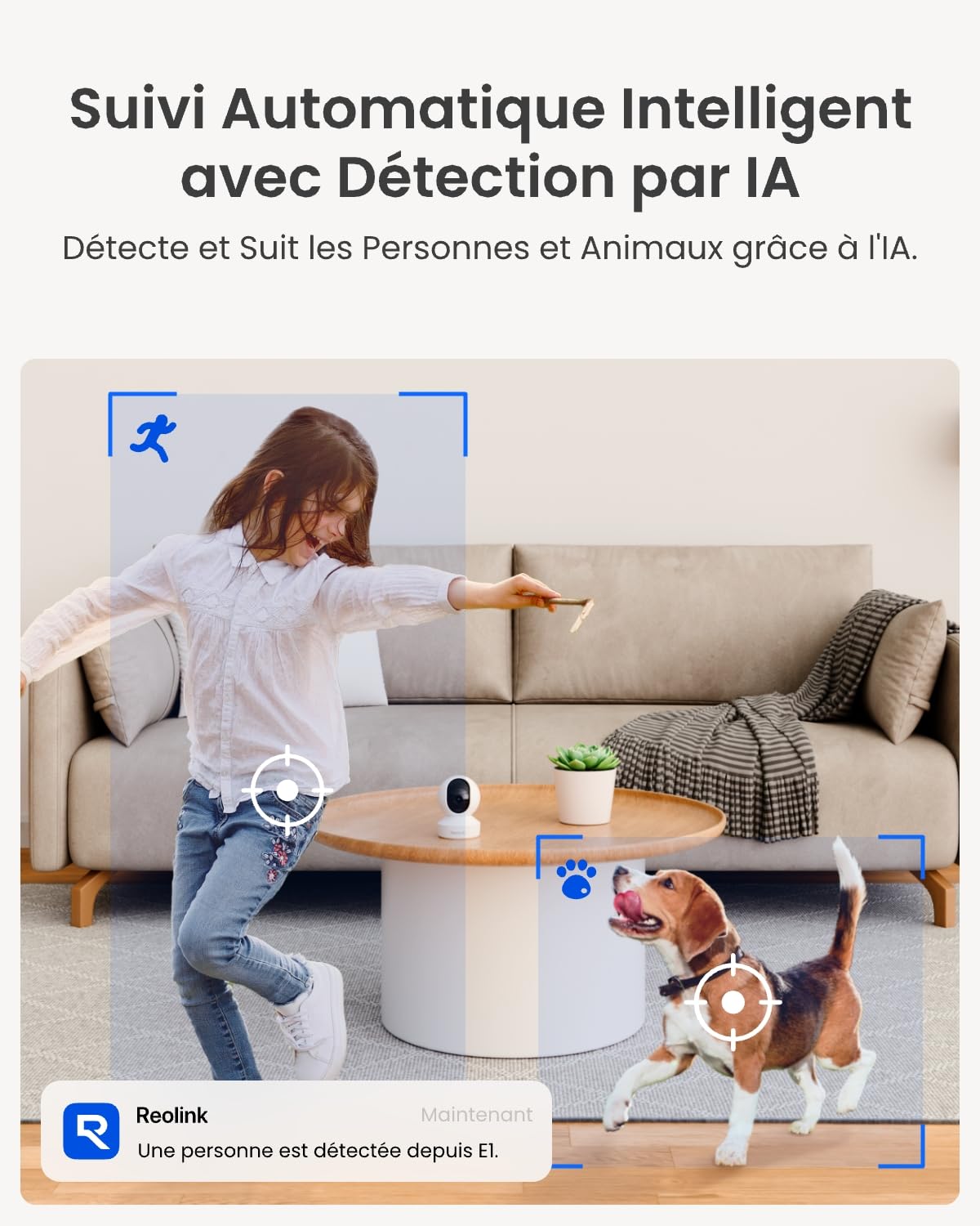 Reolink 4MP Interieur Caméra Surveillance WiFi – Vue à 360°, Suivi Automatique, Détection IA (Personne/Animal/Pleurs), Audio Bidirectionnel, Vision Nocturne, Mode Privé, sans Abonnement – ​​E1
