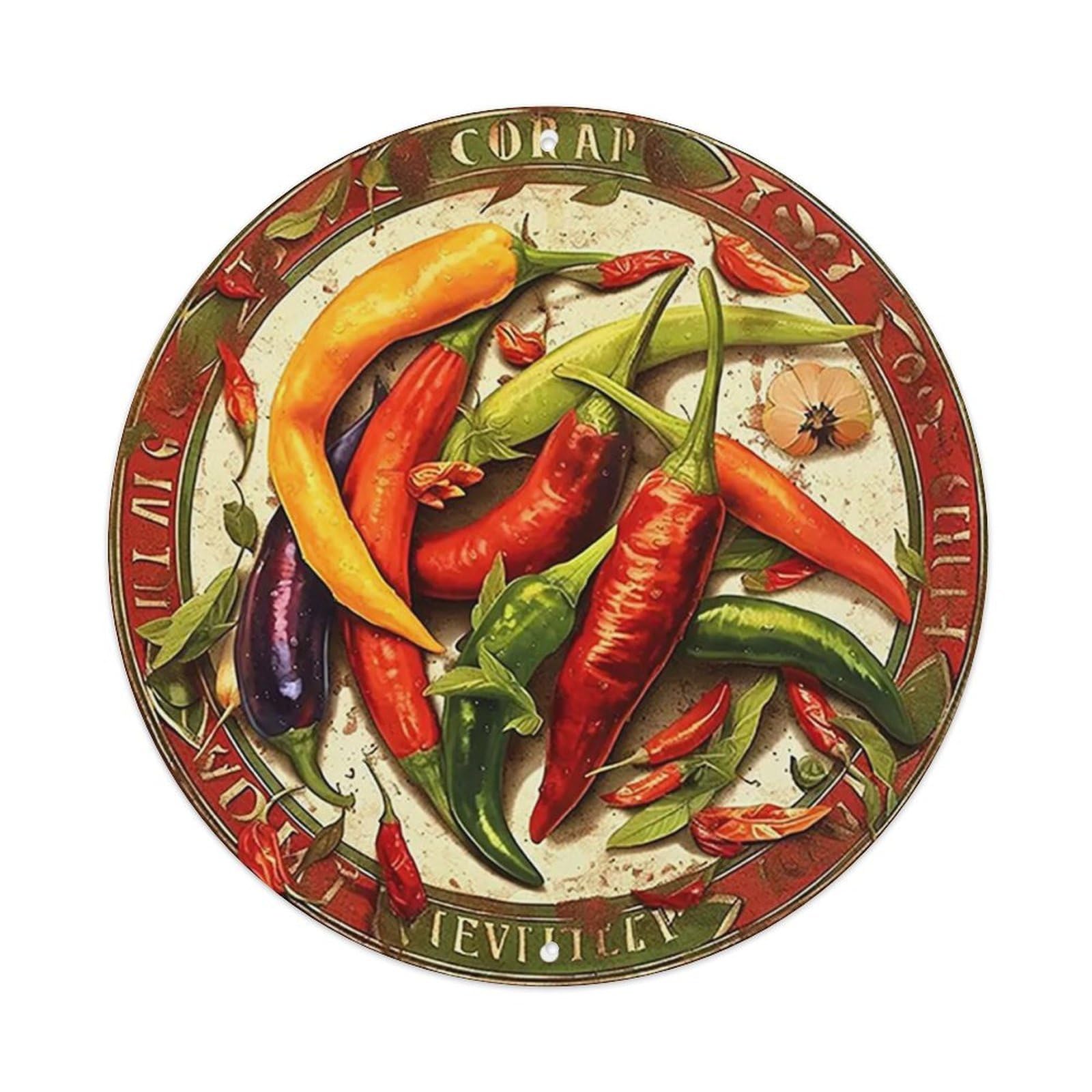 Colorful Chili Peppers Arranged Circularly Tin Sign Metal Poster Vintage Metal Signs for Home Man Cave Bar Cafe Kitchen laundry room Wall Decorations Gift 8x8Inch