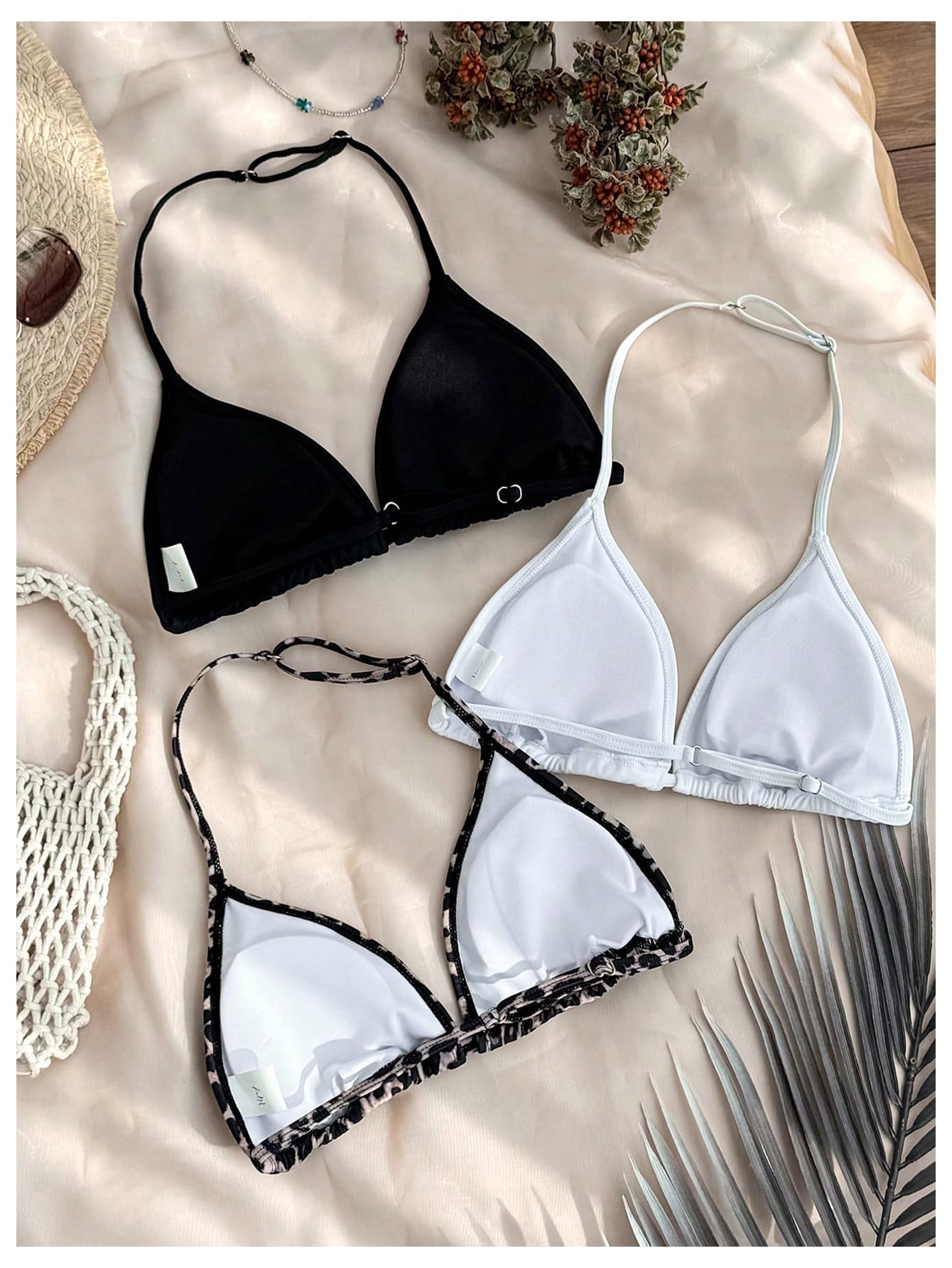 RoseSeek Girl's 3 Packs Floral Halter Bikini Tops Wireless Padded Bathing Suit Tops Swimsuit Bras Multicolor 13 Years